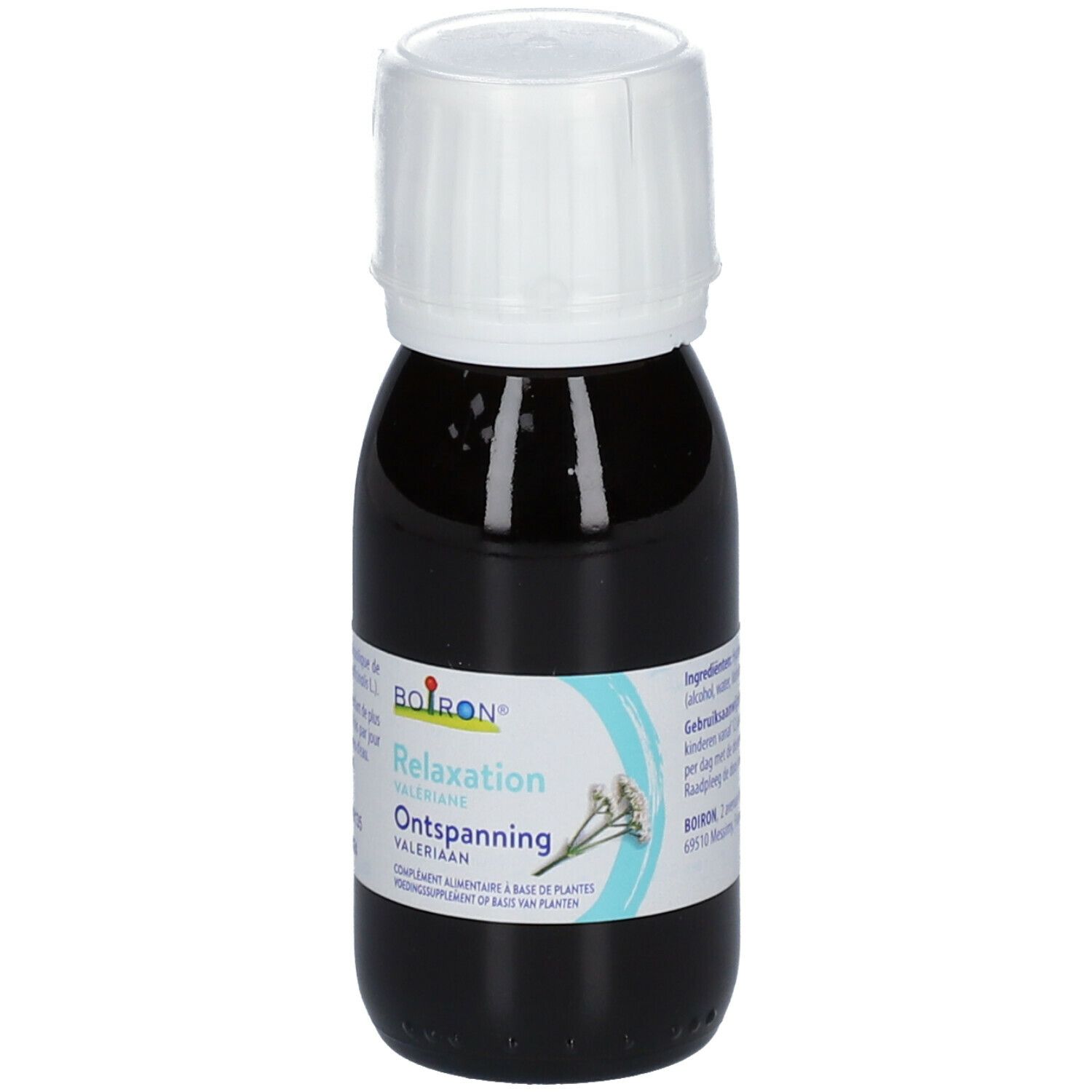 Bruine fles met witte dop. Opschrift: Boiron, Relaxation, Valeriana. Etiket met bloemmotief.