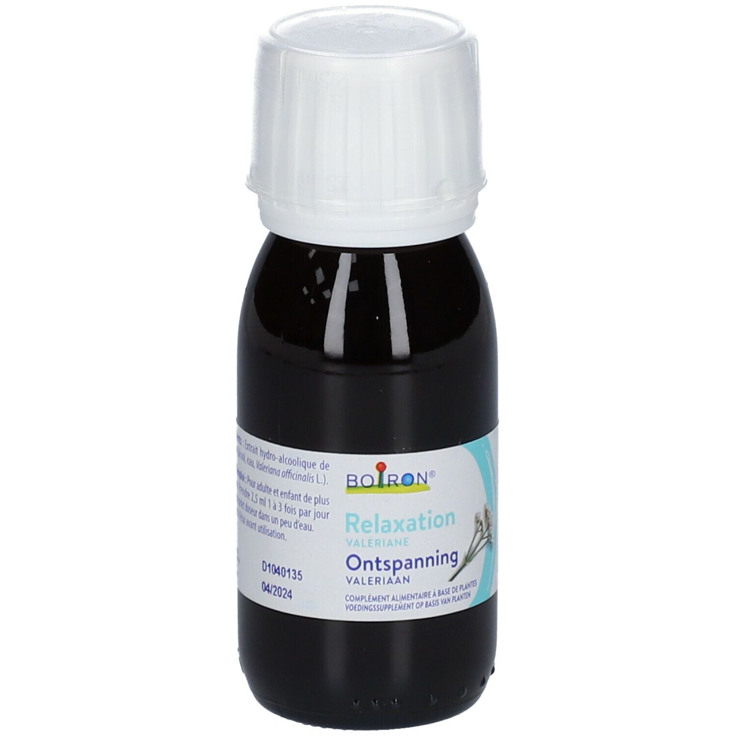 Bruine fles met witte dop. Opschrift: Boiron, Relaxation, Valeriana. Etiket met bloemmotief.
