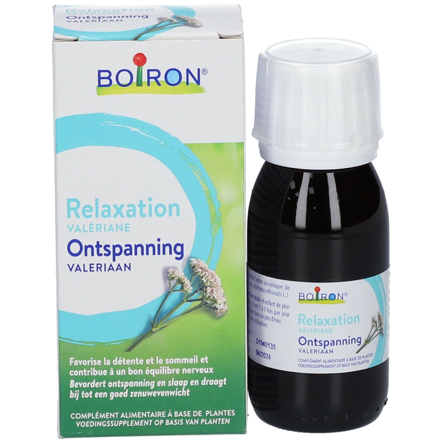 Bruine fles en doos. Opschrift: Boiron, Relaxation, Valeriana. Doos met bloemmotief.