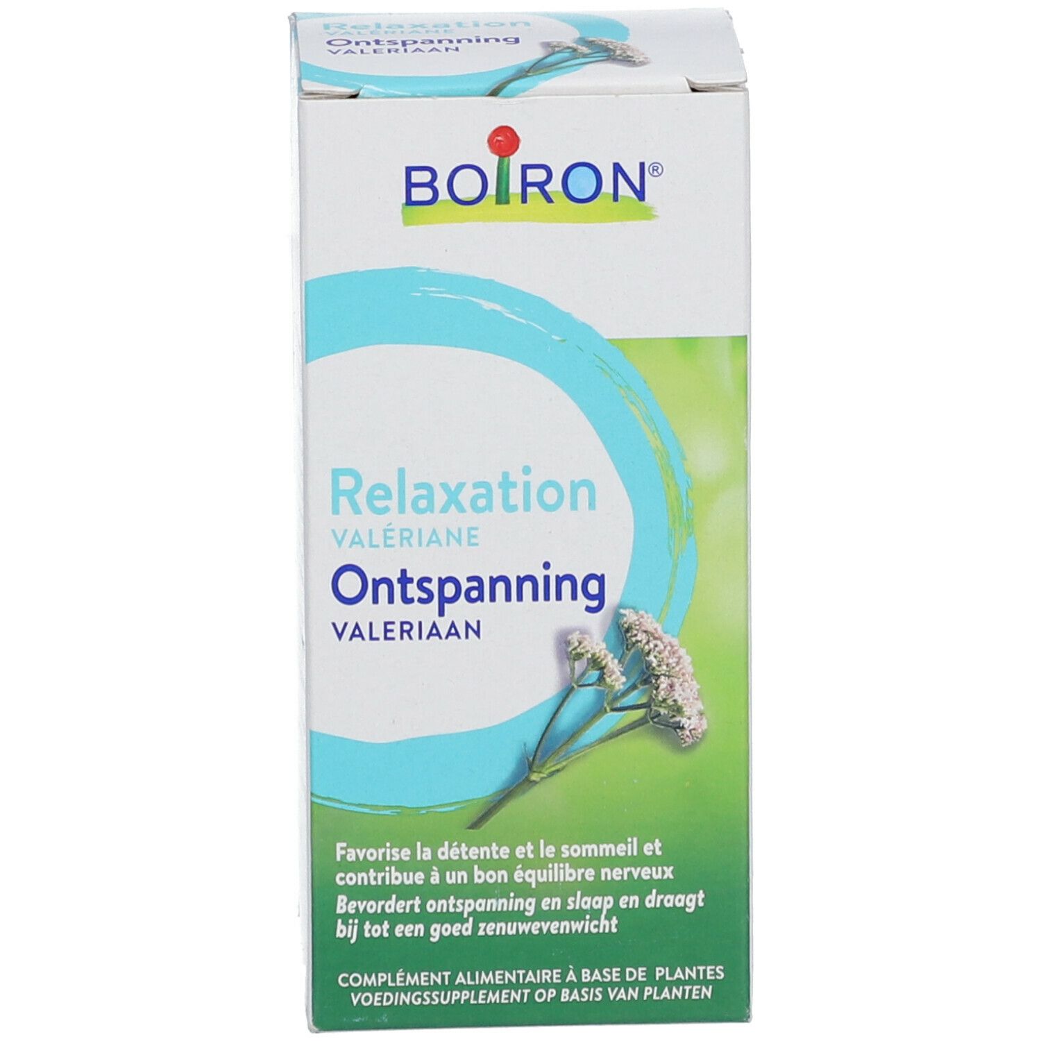 Witte doos met blauw ontwerp. Opschrift: Boiron, Relaxation, Valeriana. Bloemmotief.