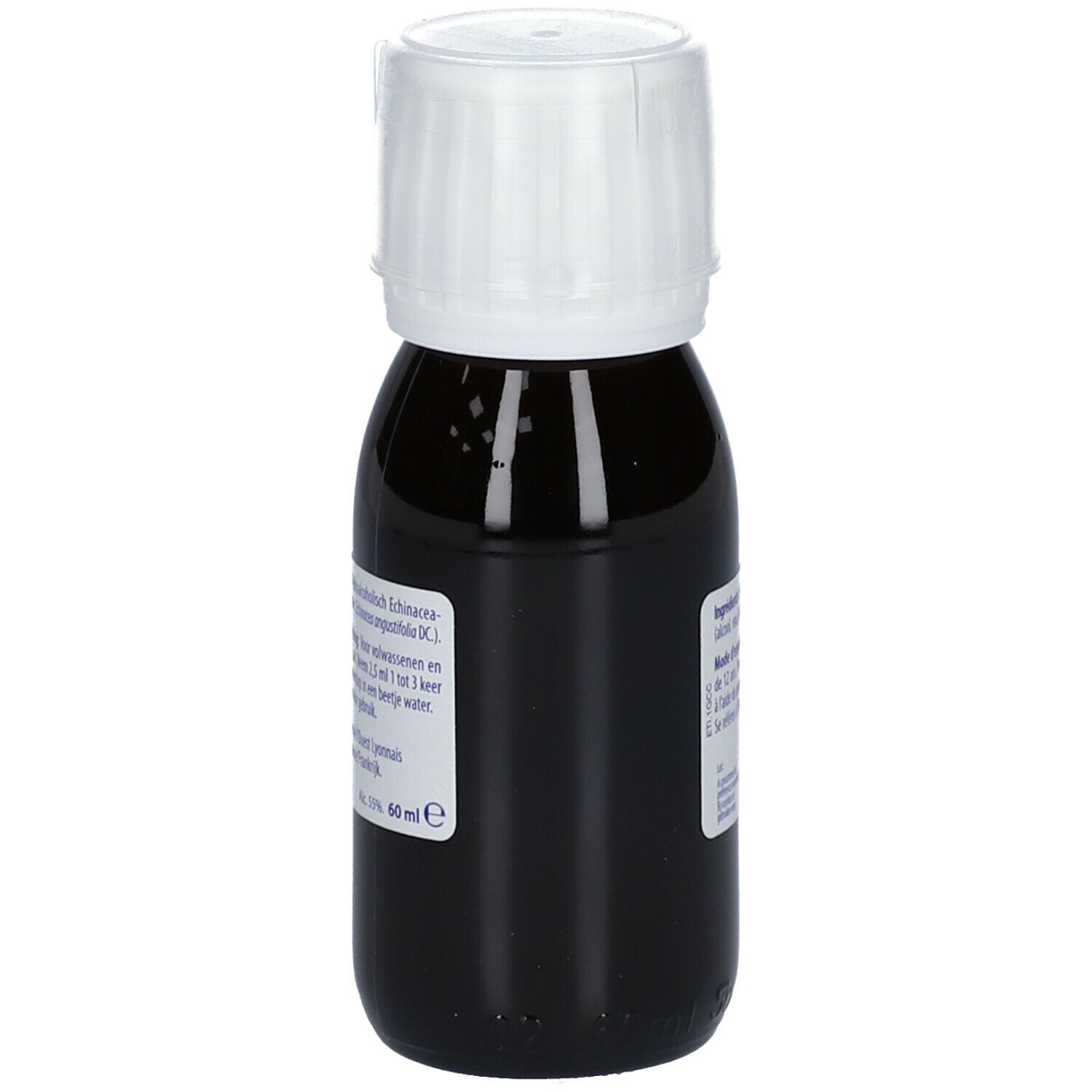 Bruine vloeistof in fles met witte dop. Etiket met tekst en volume-aanduiding.