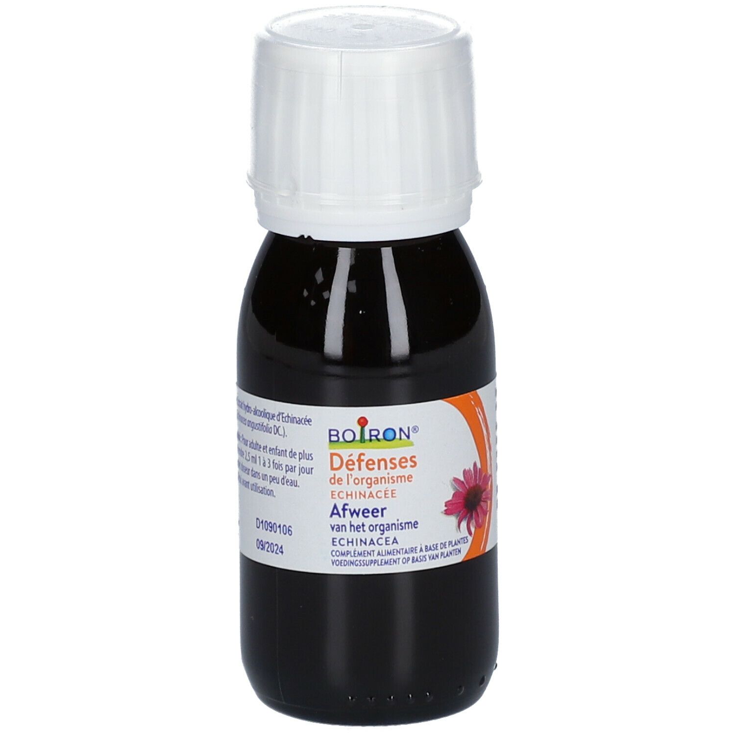 Bruine vloeistof in fles met witte dop. Etiket met tekst en logo.
