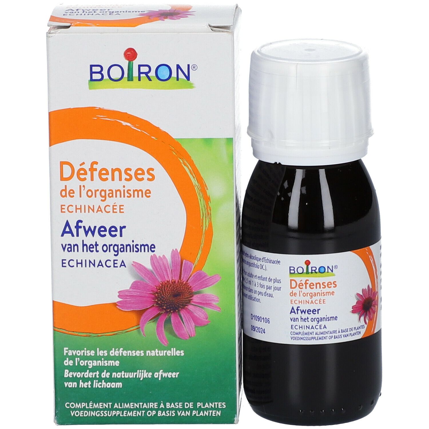 Fles met bruine vloeistof en doos. Beide met etiketten en logo.