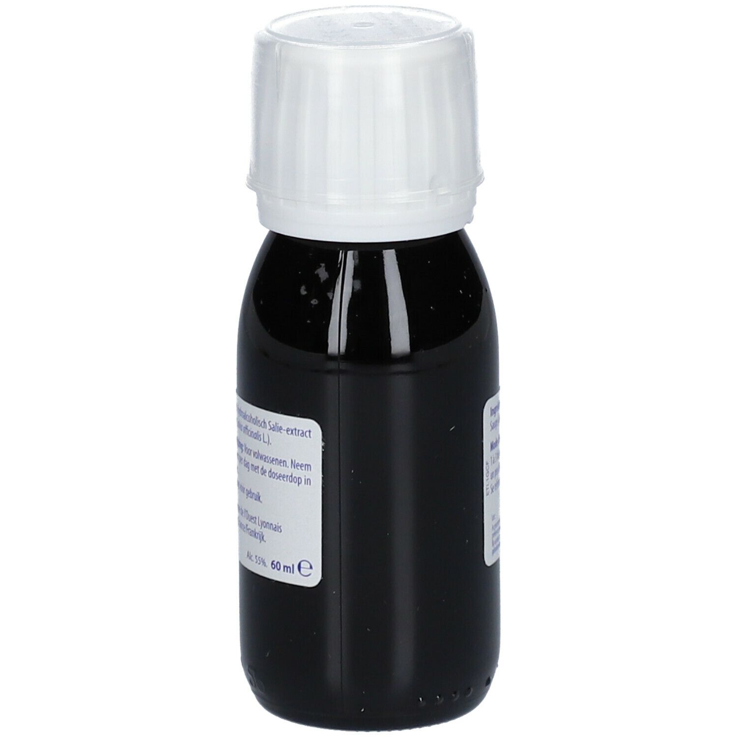 Vloeistof in een fles met witte dop. Etiket met ingrediënten en volume 60 ml.