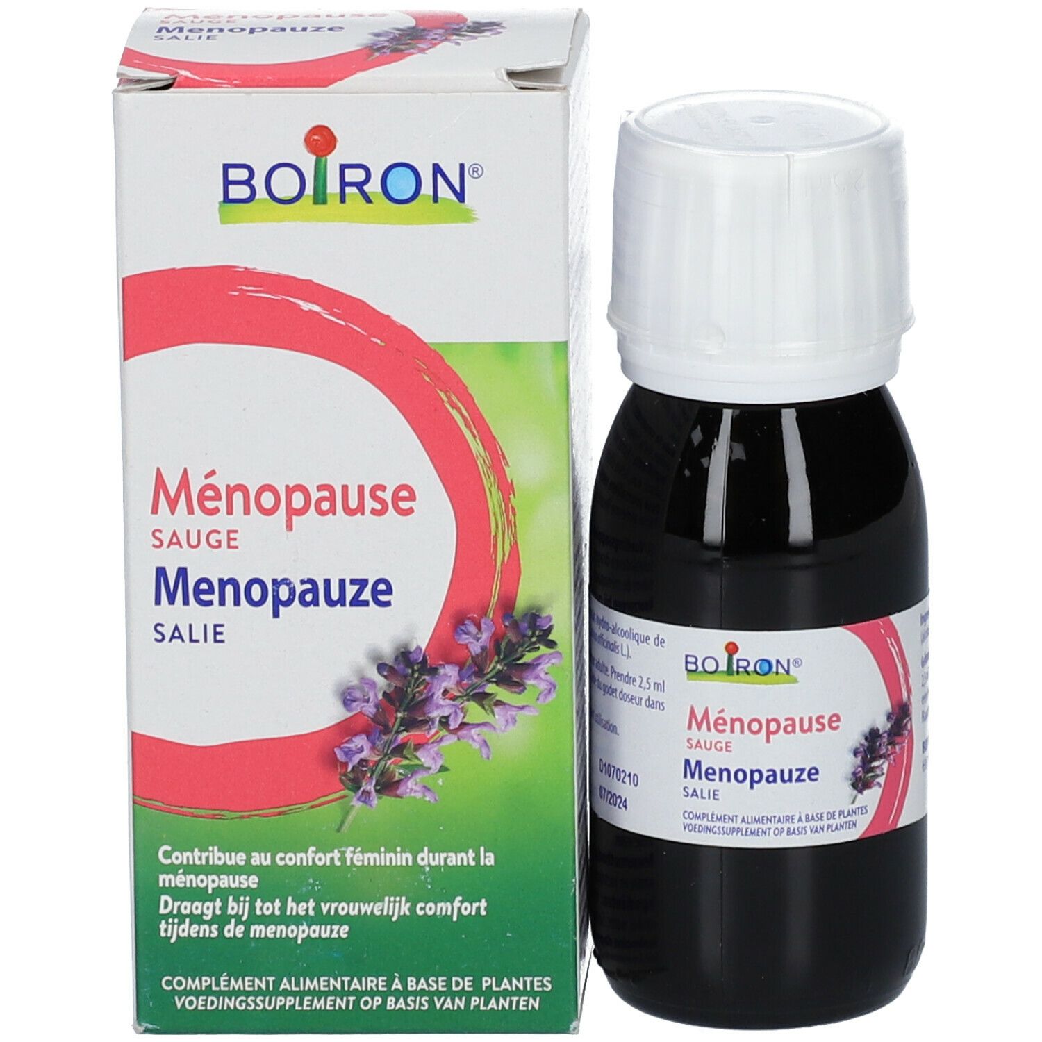 Fles met vloeistof en doos. Doos met productnaam, merk Boiron en salie-afbeelding.