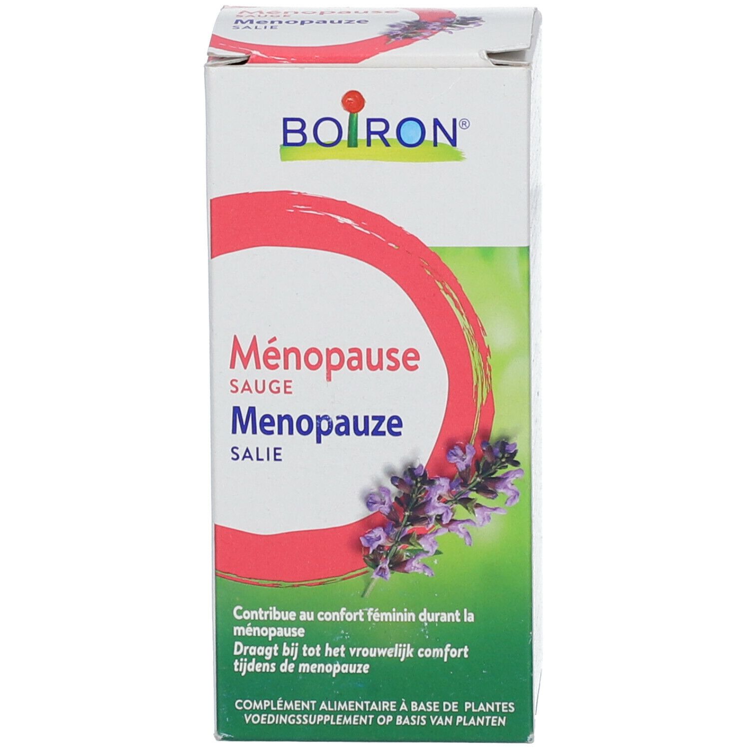 Doos met productnaam, merk Boiron en salie-afbeelding. Tekst over ondersteuning van de menopauze.