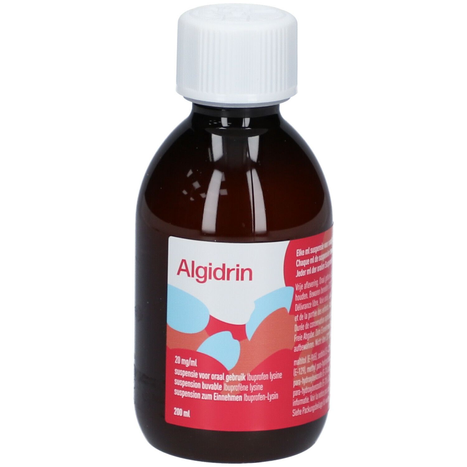 Bruine fles met witte dop. Rood etiket met productnaam en info. 200 ml.