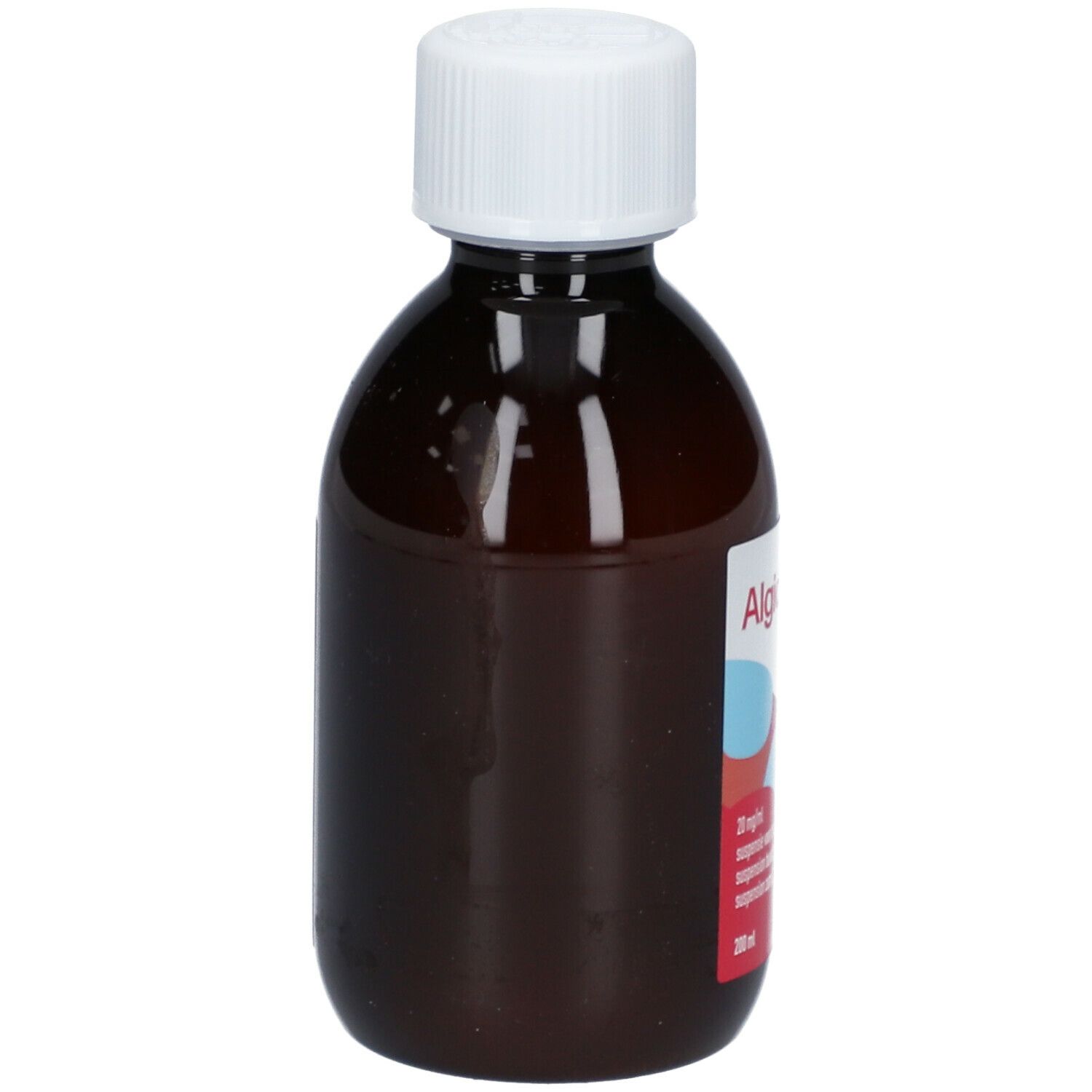 Bruine fles met witte dop. Rood etiket met productinfo. 200 ml.