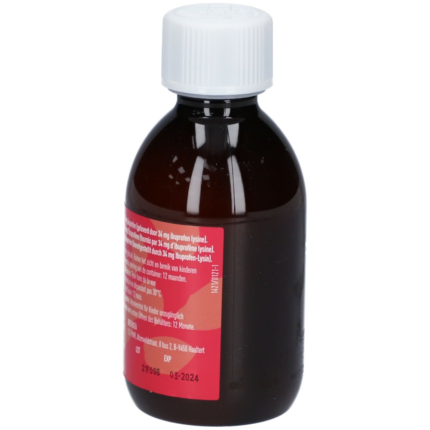 Bruine fles met witte dop. Rood etiket met productinfo. 200 ml.