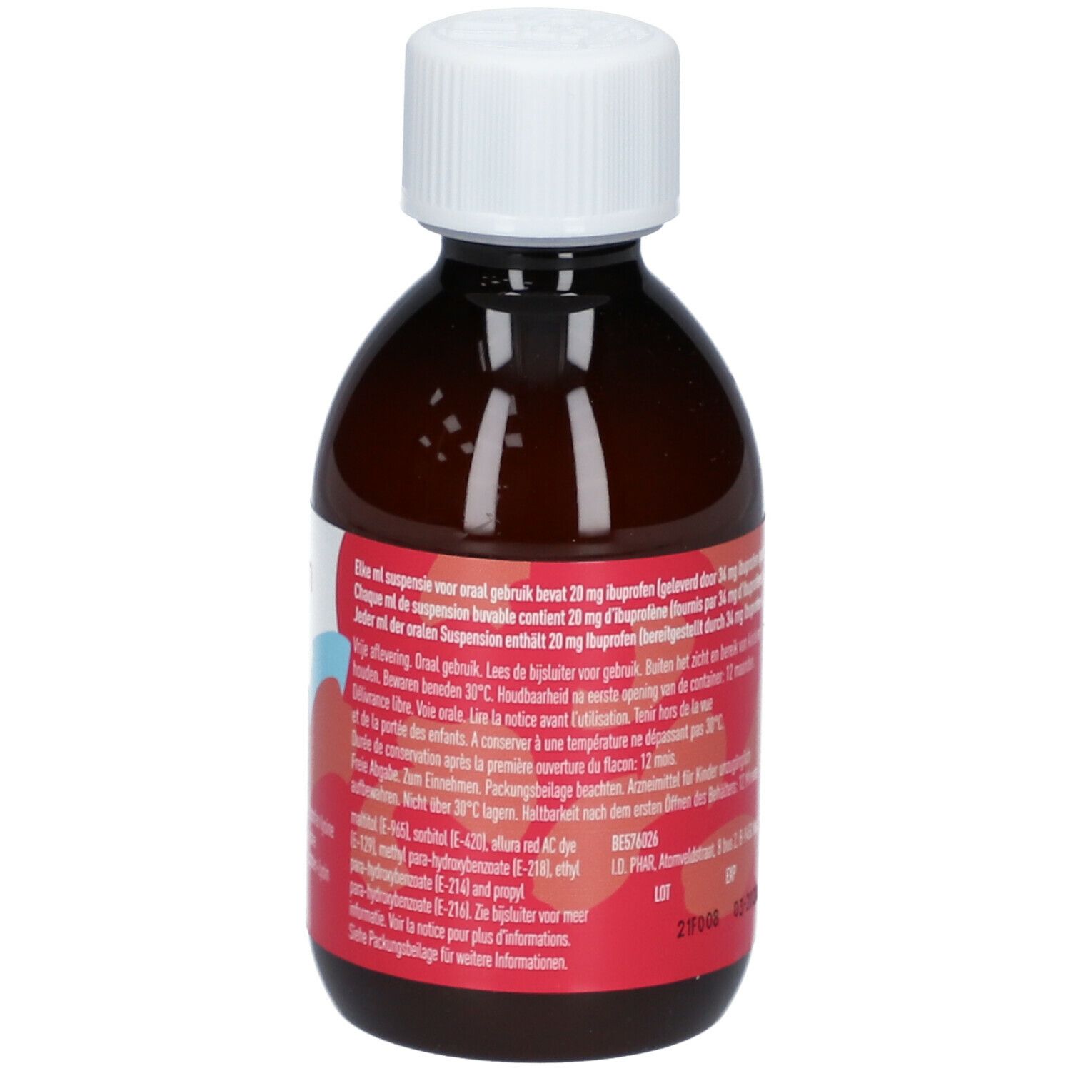 Bruine fles met witte dop. Rood etiket met productinfo. 200 ml.