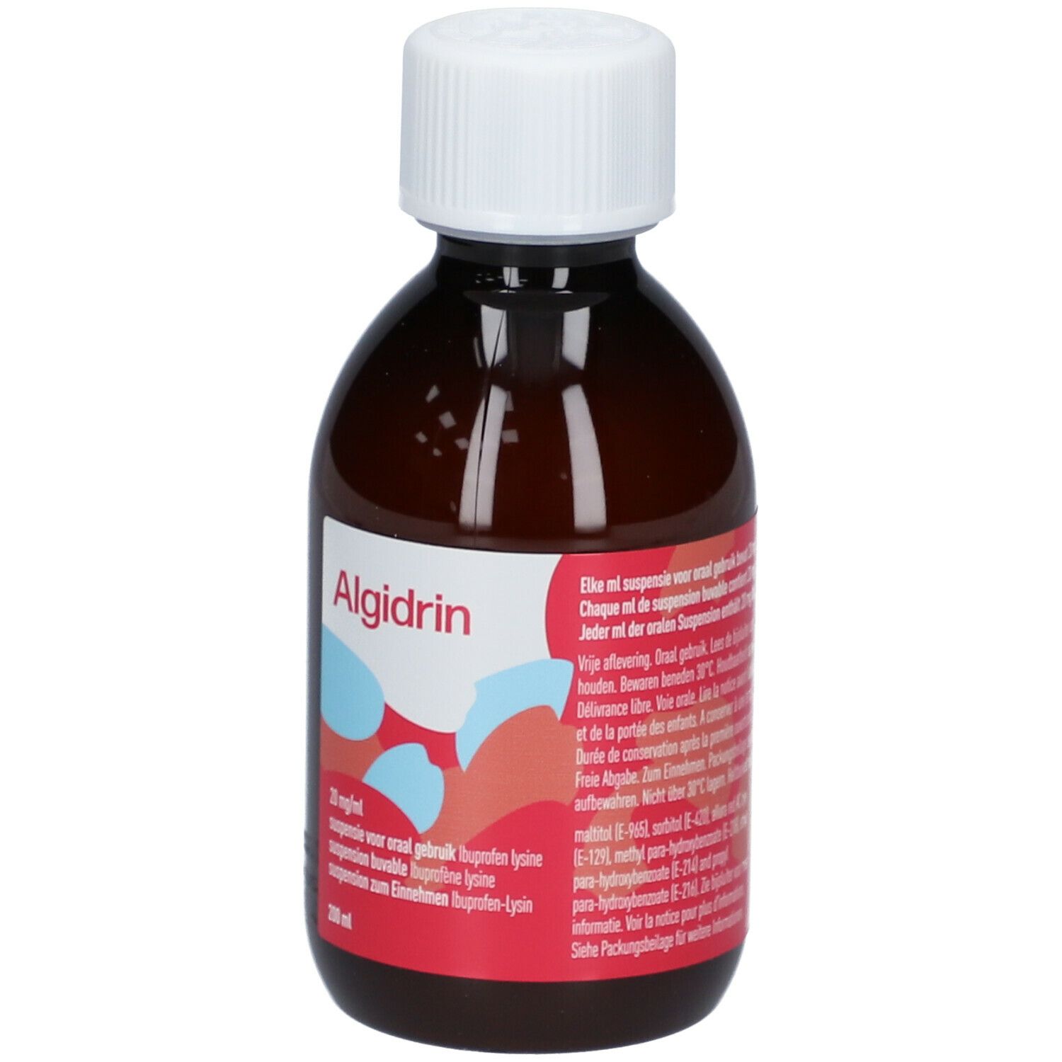 Bruine fles met witte dop. Rood etiket met productinfo. 200 ml.
