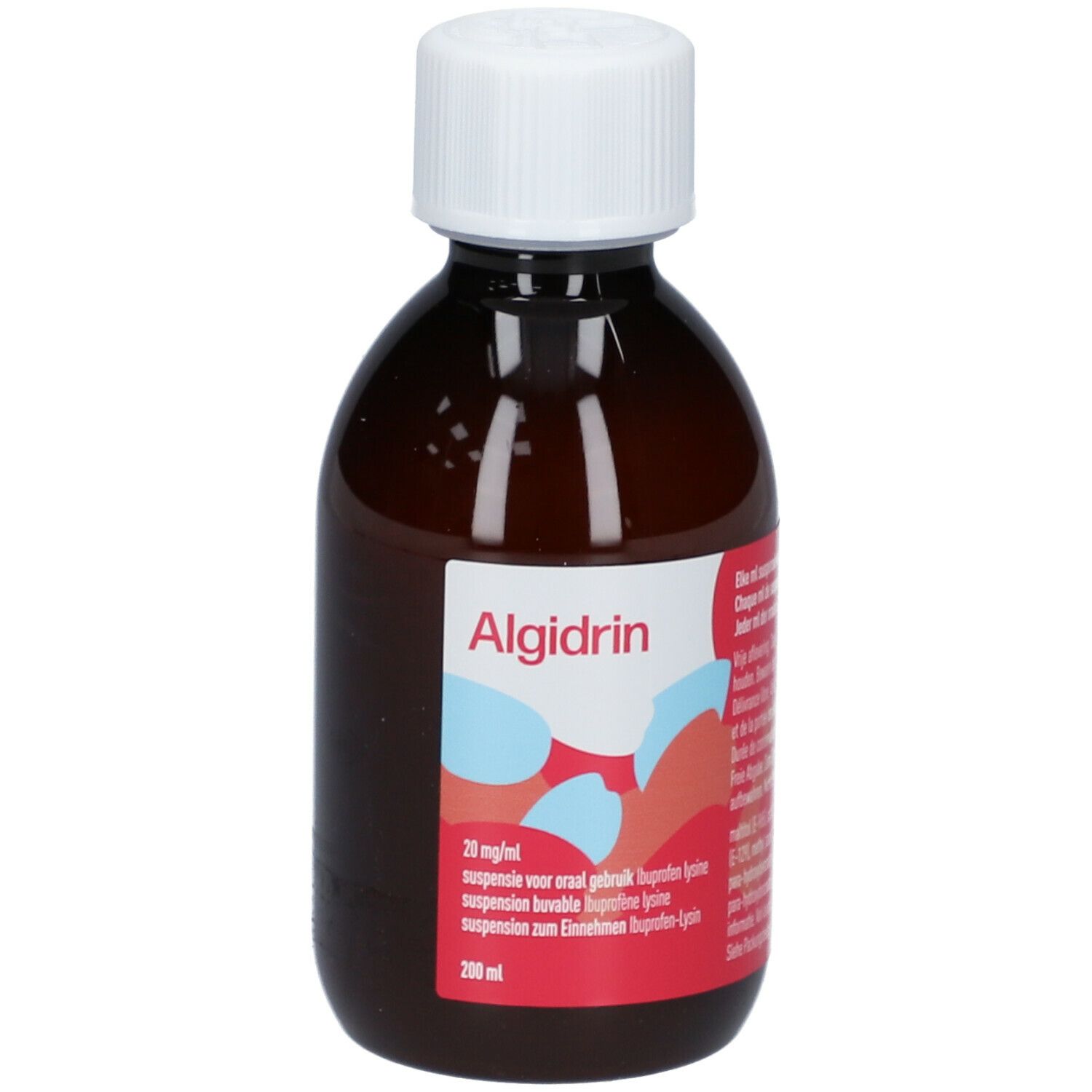 Bruine fles met witte dop. Rood etiket met productinfo. 200 ml.