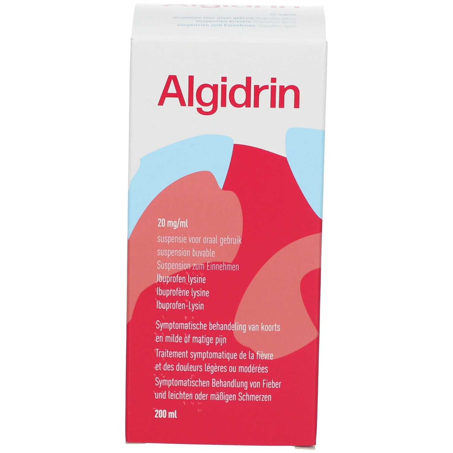 Witte doos met rood design. Productnaam en info. 200 ml.