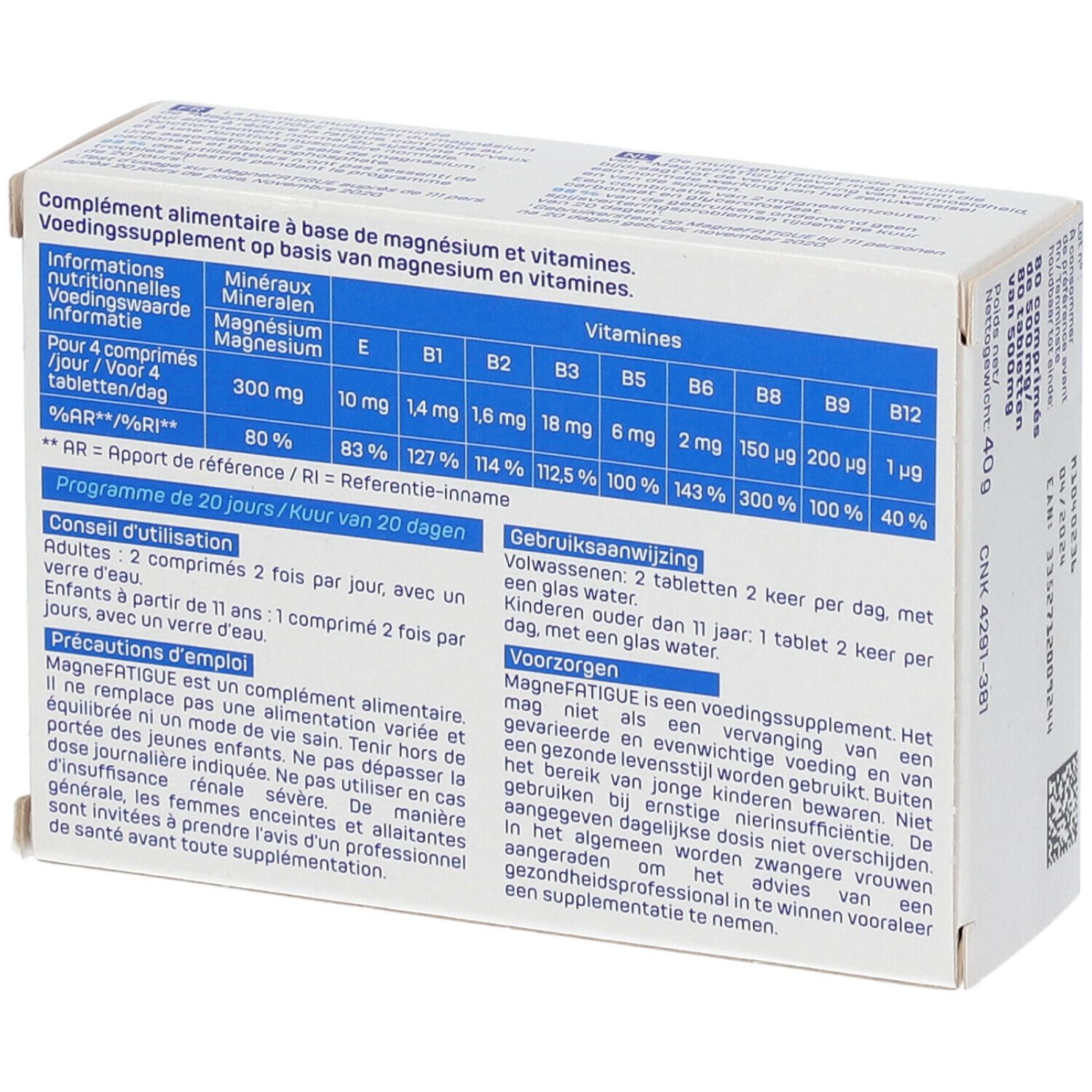 Achterkant van de MagneFATIGUE-verpakking. Bevat informatie over ingrediënten en dosering. Tekst in het Frans en Nederlands.