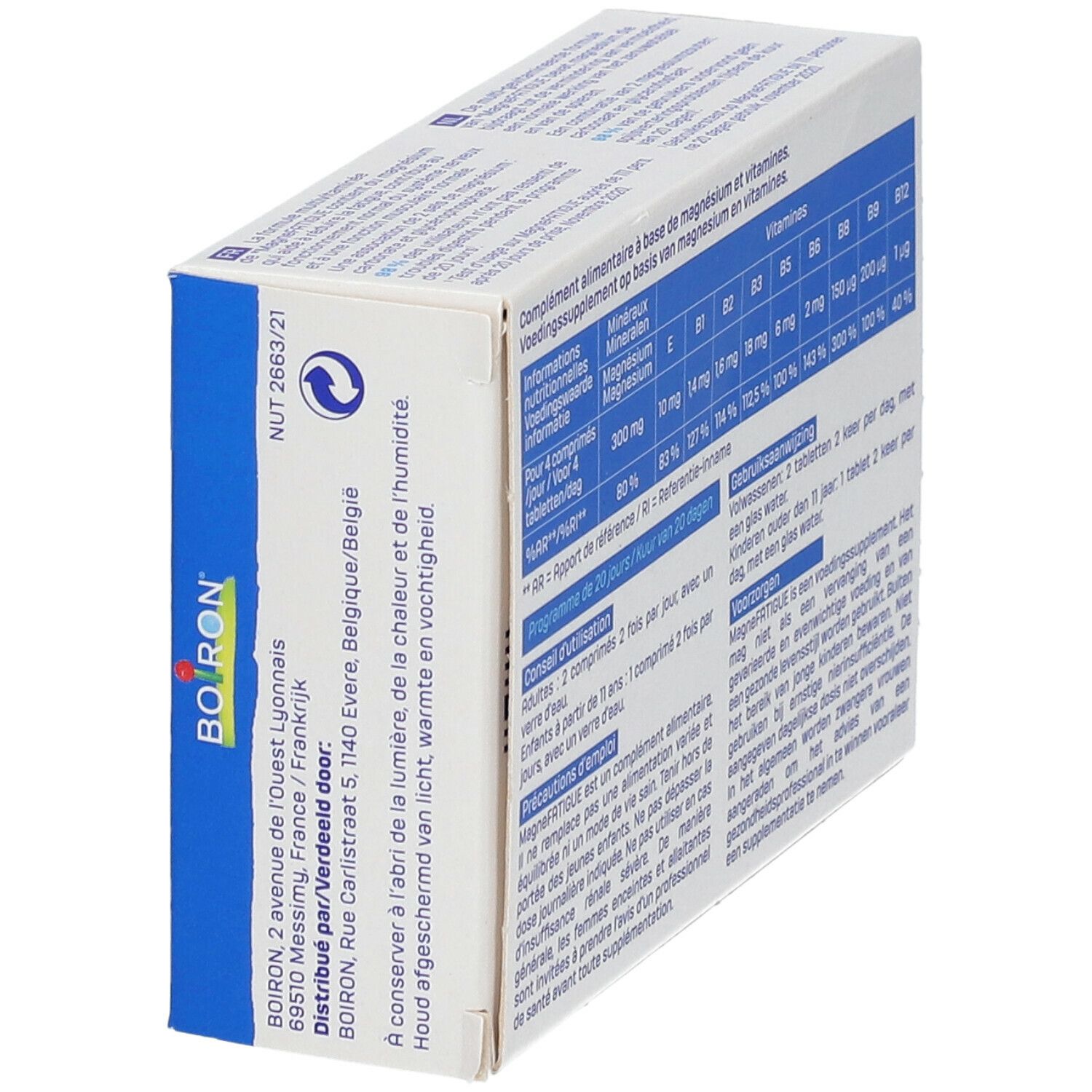 Achterkant van de MagneFATIGUE-verpakking. Bevat informatie over ingrediënten en dosering. Tekst in het Frans en Nederlands.