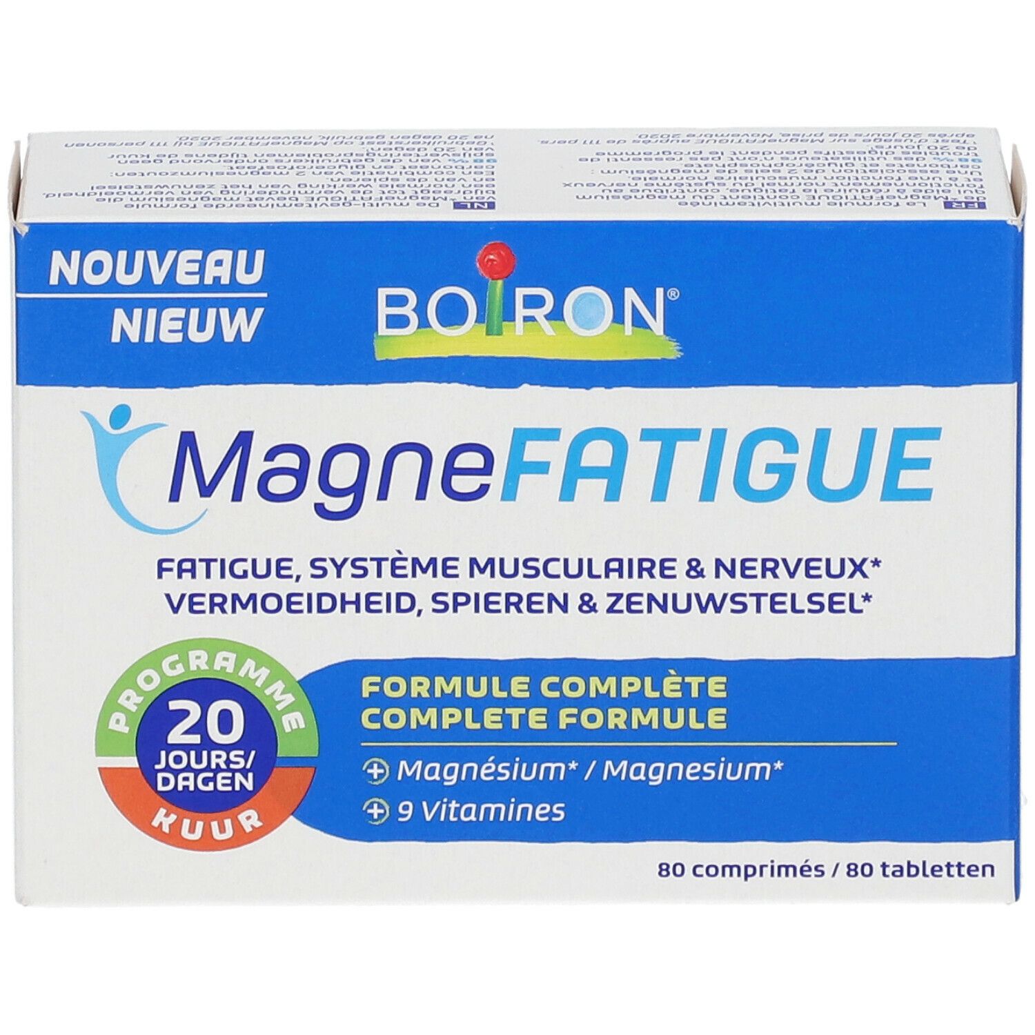 Vooraanzicht van de MagneFATIGUE-verpakking. Blauw-witte doos met productnaam en logo. Bevat 80 tabletten.