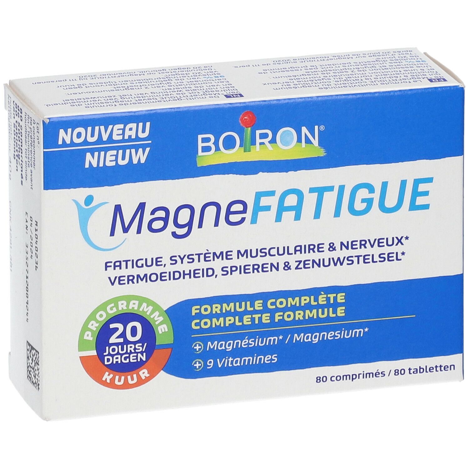 Vooraanzicht van de MagneFATIGUE-verpakking. Blauw-witte doos met productnaam en logo. Bevat 80 tabletten.