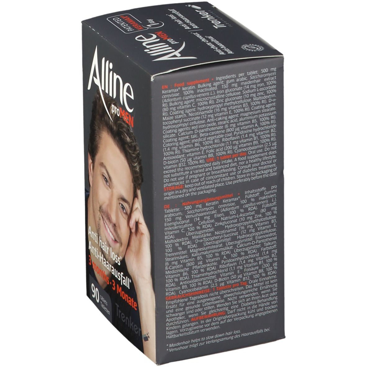 Seitenansicht der Alline proMen Packung mit Inhaltsstoffen.
