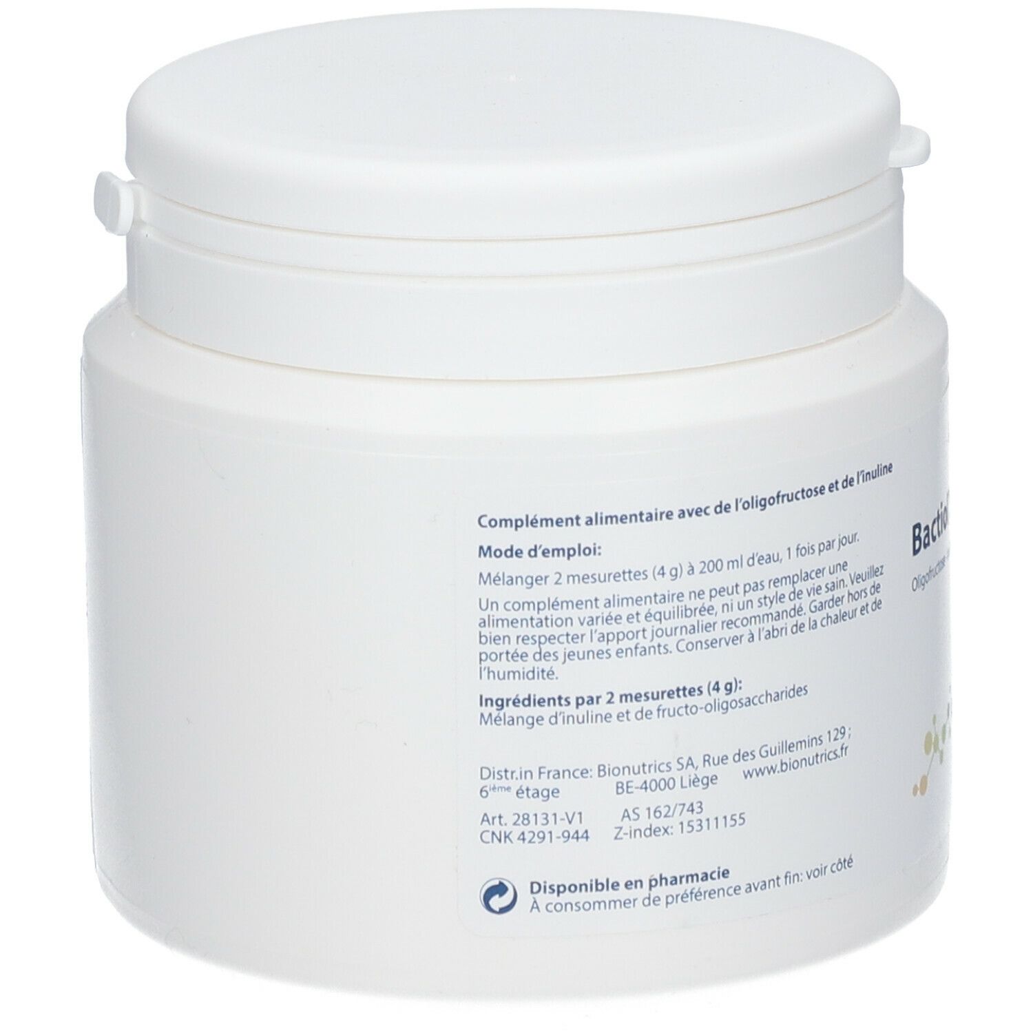 Achterkant van een witte plastic pot. Tekst: Voedingssupplement met oligofructose en inuline. Gebruiksaanwijzing. Ingrediënten. Fabrikant informatie.