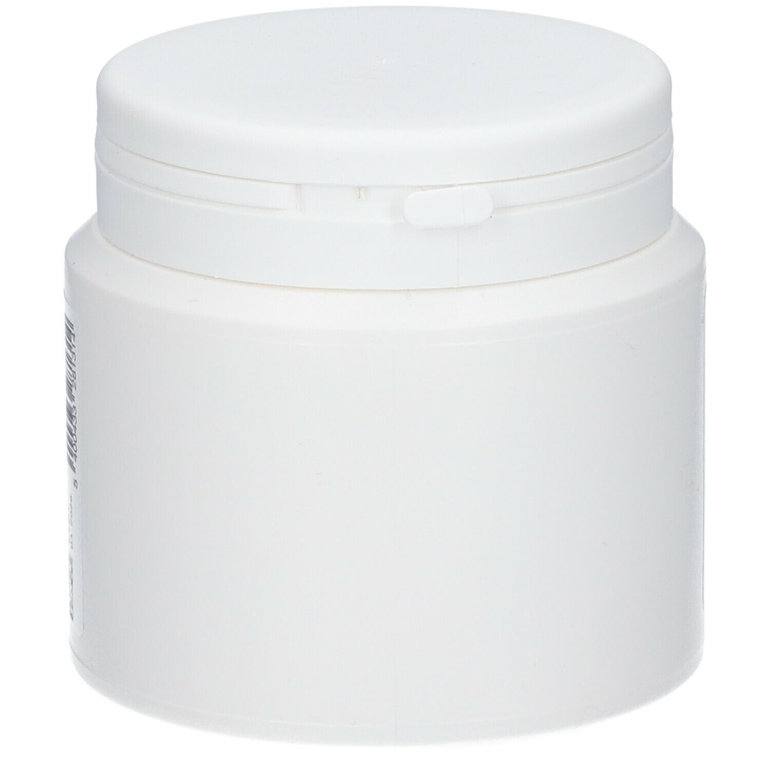 Witte plastic pot met deksel. Zijaanzicht. Het deksel is gesloten.