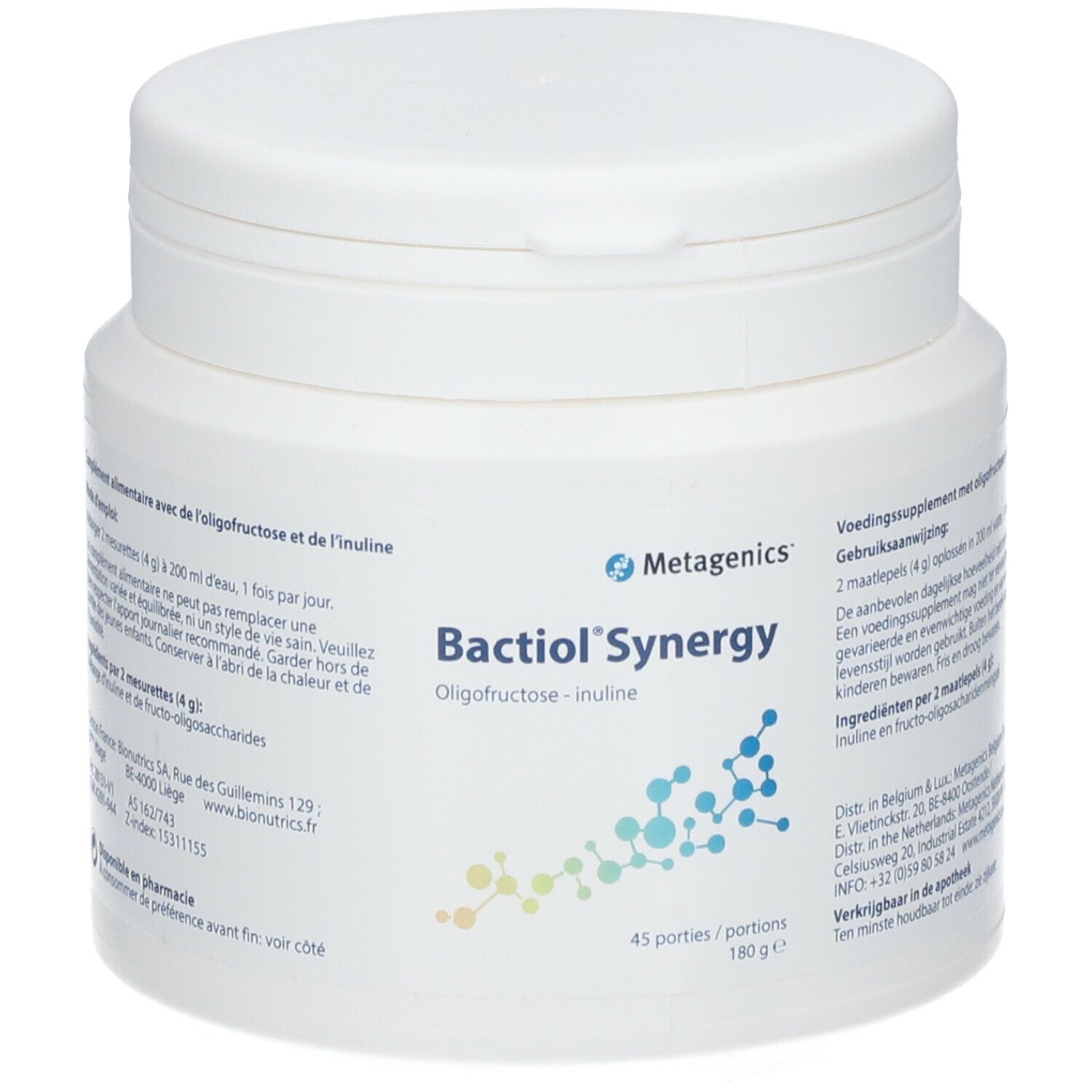 Witte plastic pot met deksel. Opschrift: Metagenics Bactiol Synergie. Bevat oligofructose-inuline. 45 porties, 180 g.