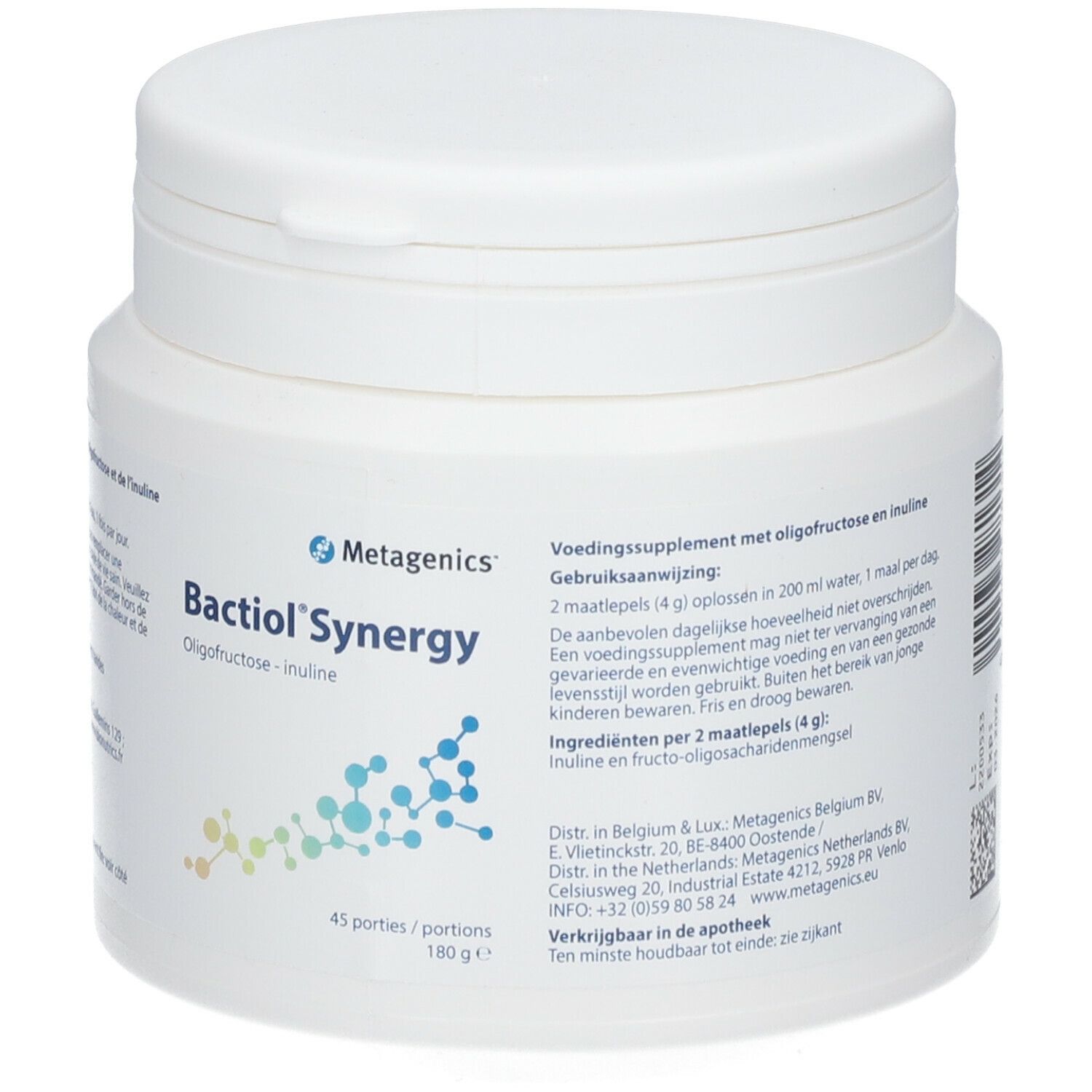 Witte plastic pot met deksel. Opschrift: Metagenics Bactiol Synergie. Bevat oligofructose-inuline. 45 porties, 180 g.