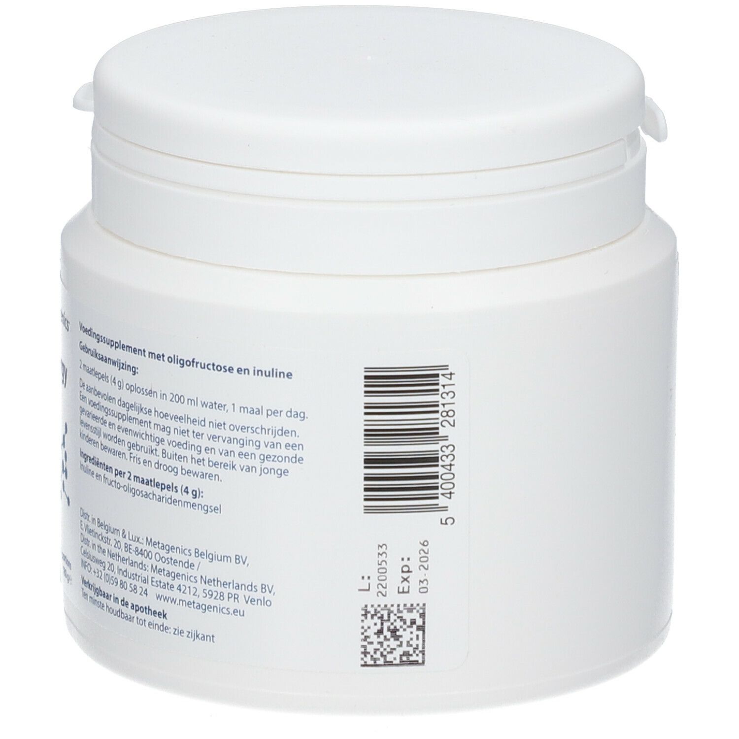 Achterkant van een witte plastic pot. Barcode en houdbaarheidsdatum. Tekst: Voedingssupplement met oligofructose en inuline.
