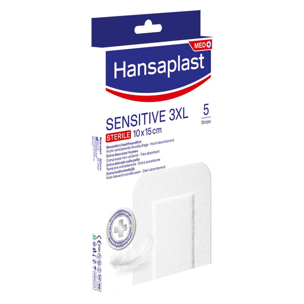 Verpakking Hansaplast Sensitive 3XL, steriel, 10x15cm. Bevat 5 pleisters. Opschrift: Extra huidvriendelijk.