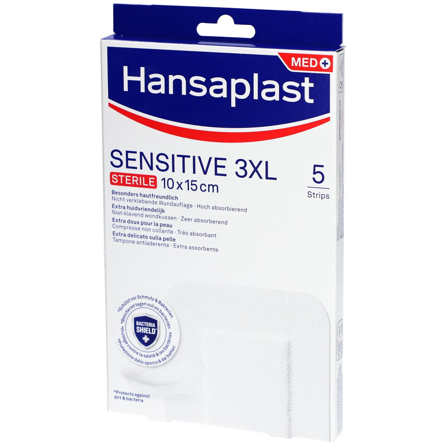 Verpakking Hansaplast Sensitive 3XL, steriel, 10x15cm. Bevat 5 pleisters. Opschrift: Extra huidvriendelijk.