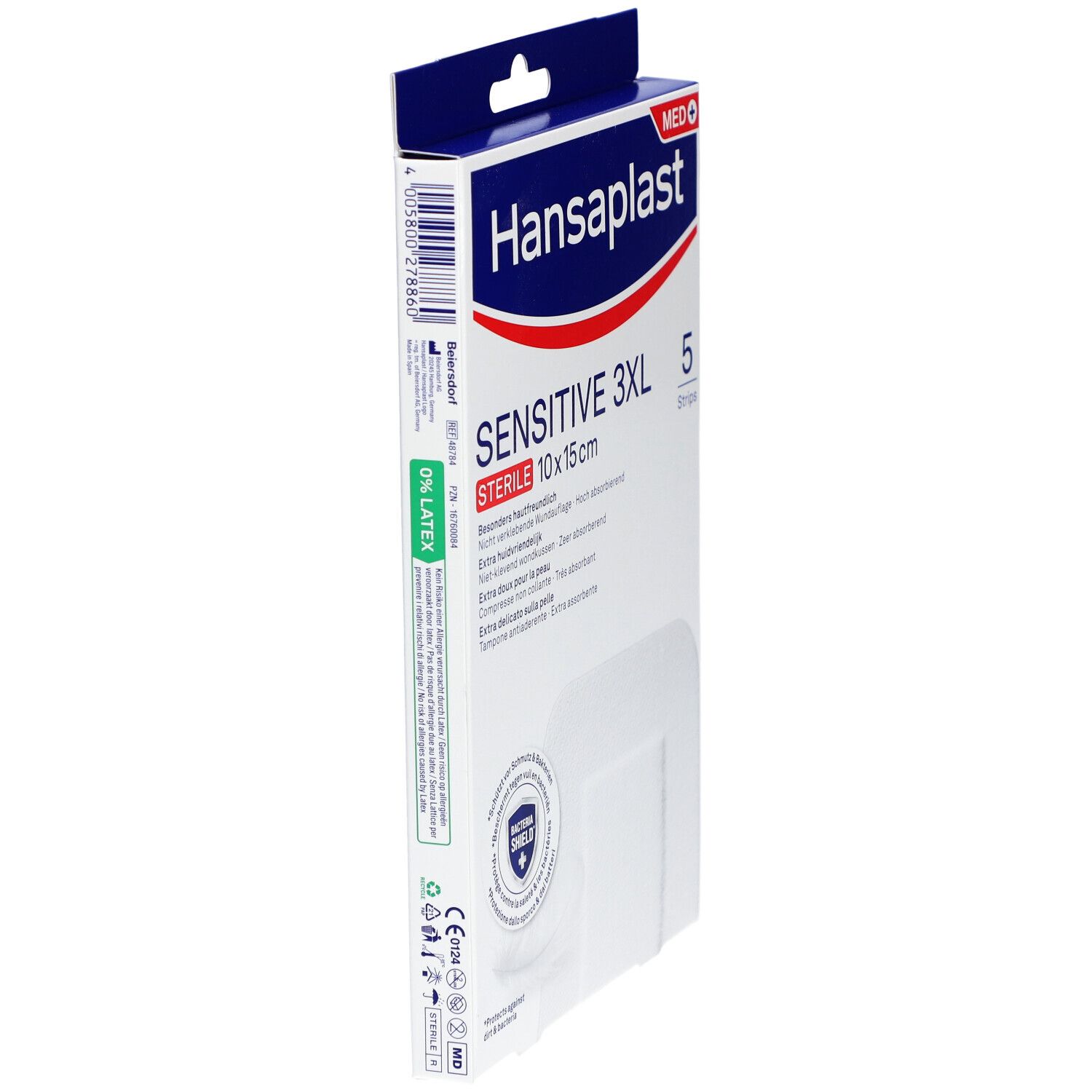 Zijaanzicht van de Hansaplast Sensitive 3XL verpakking. Productnaam, maat en steriel indicatie zijn zichtbaar.