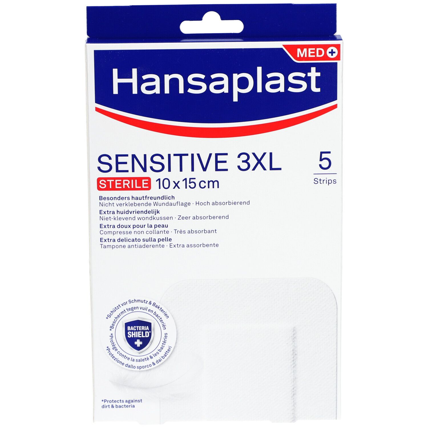 Verpakking Hansaplast Sensitive 3XL, steriel, 10x15cm. Bevat 5 pleisters. Opschrift: Extra huidvriendelijk.