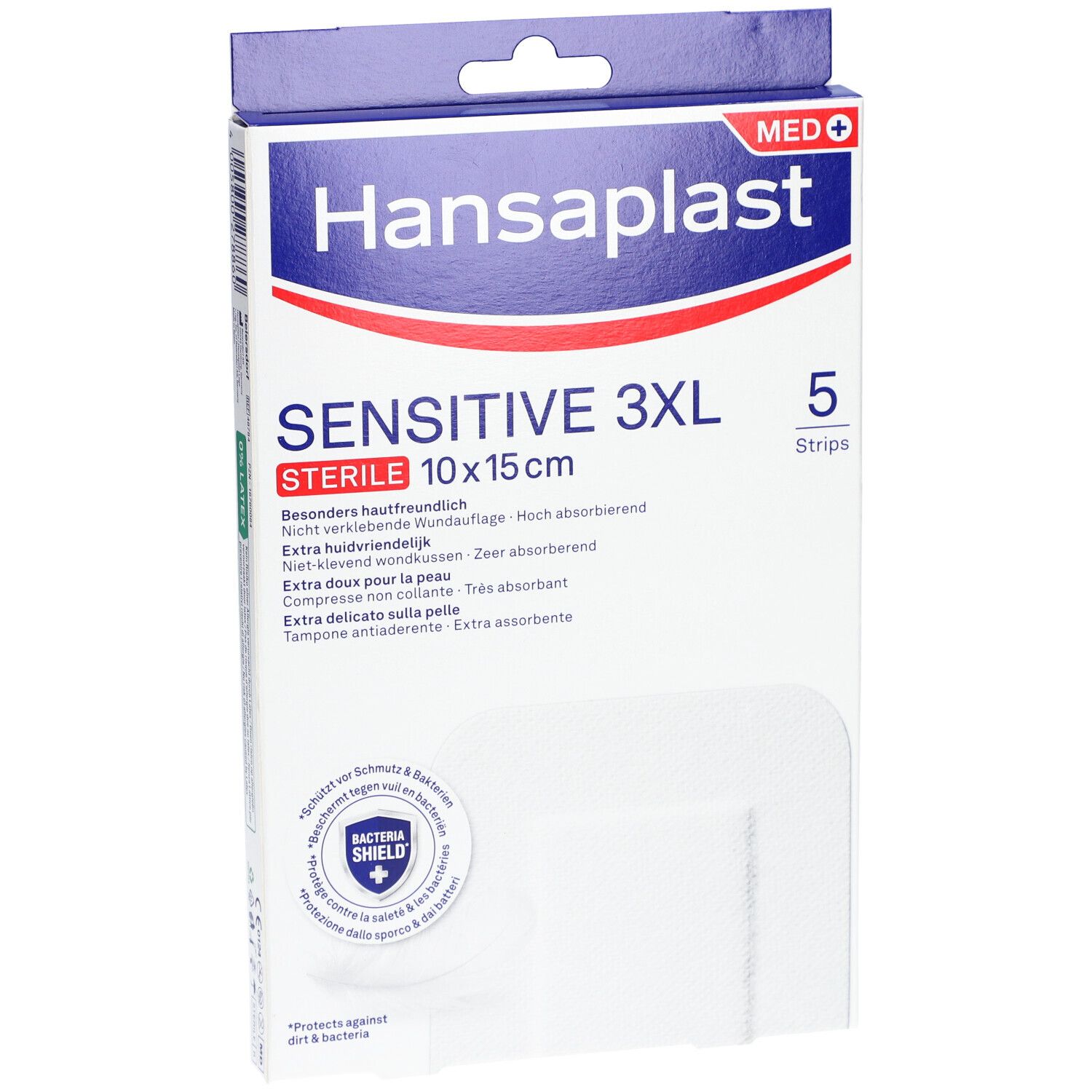 Verpakking Hansaplast Sensitive 3XL, steriel, 10x15cm. Bevat 5 pleisters. Opschrift: Extra huidvriendelijk.