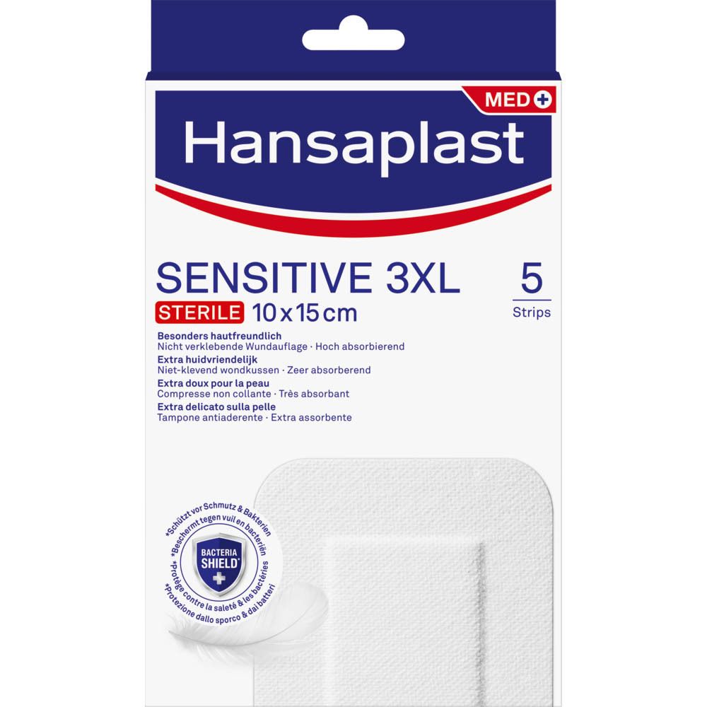 Verpakking Hansaplast Sensitive 3XL, steriel, 10x15cm. Bevat 5 pleisters. Opschrift: Extra huidvriendelijk.