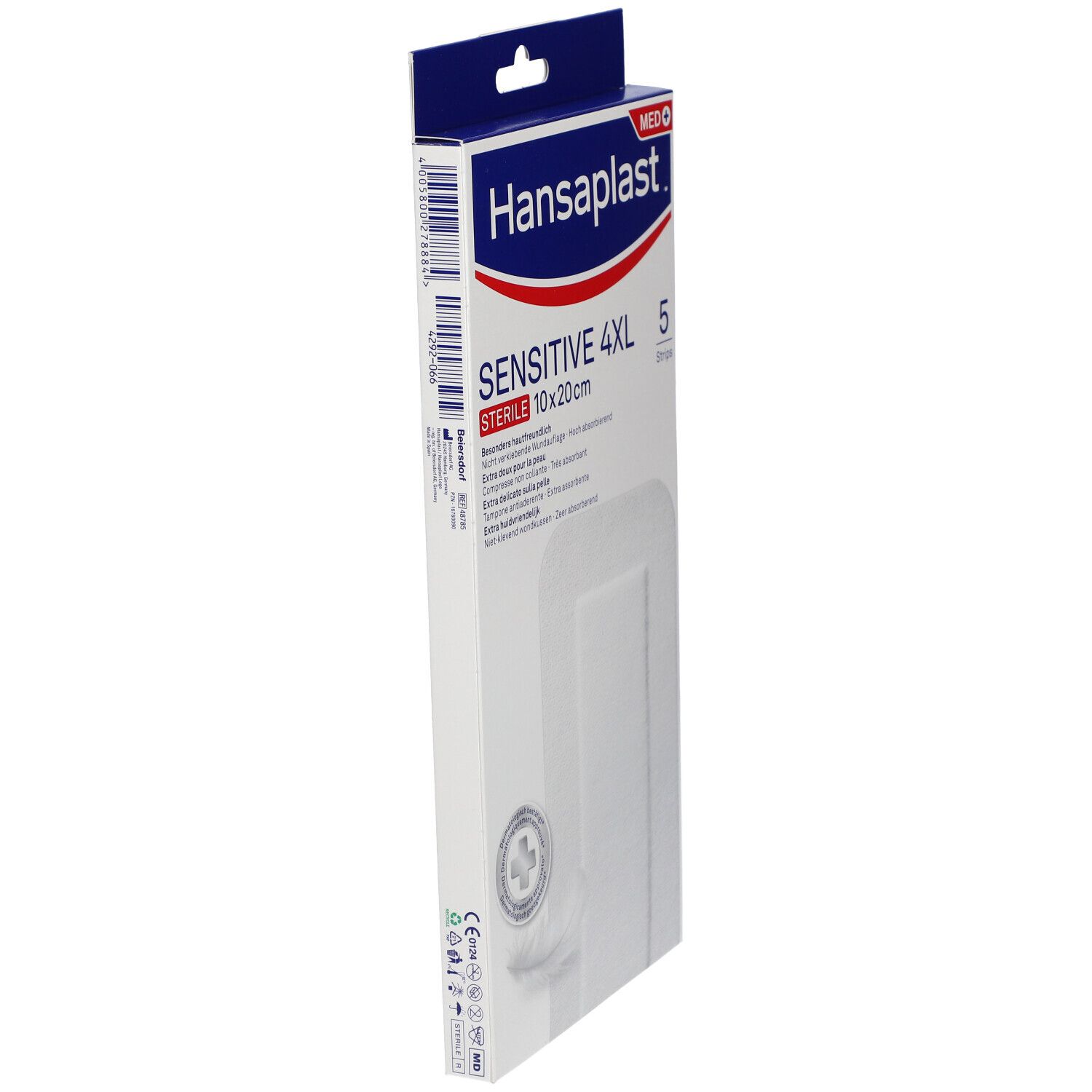 Zijaanzicht van de Hansaplast Sensitive 4XL verpakking. Productnaam, maat en aantal pleisters zichtbaar.