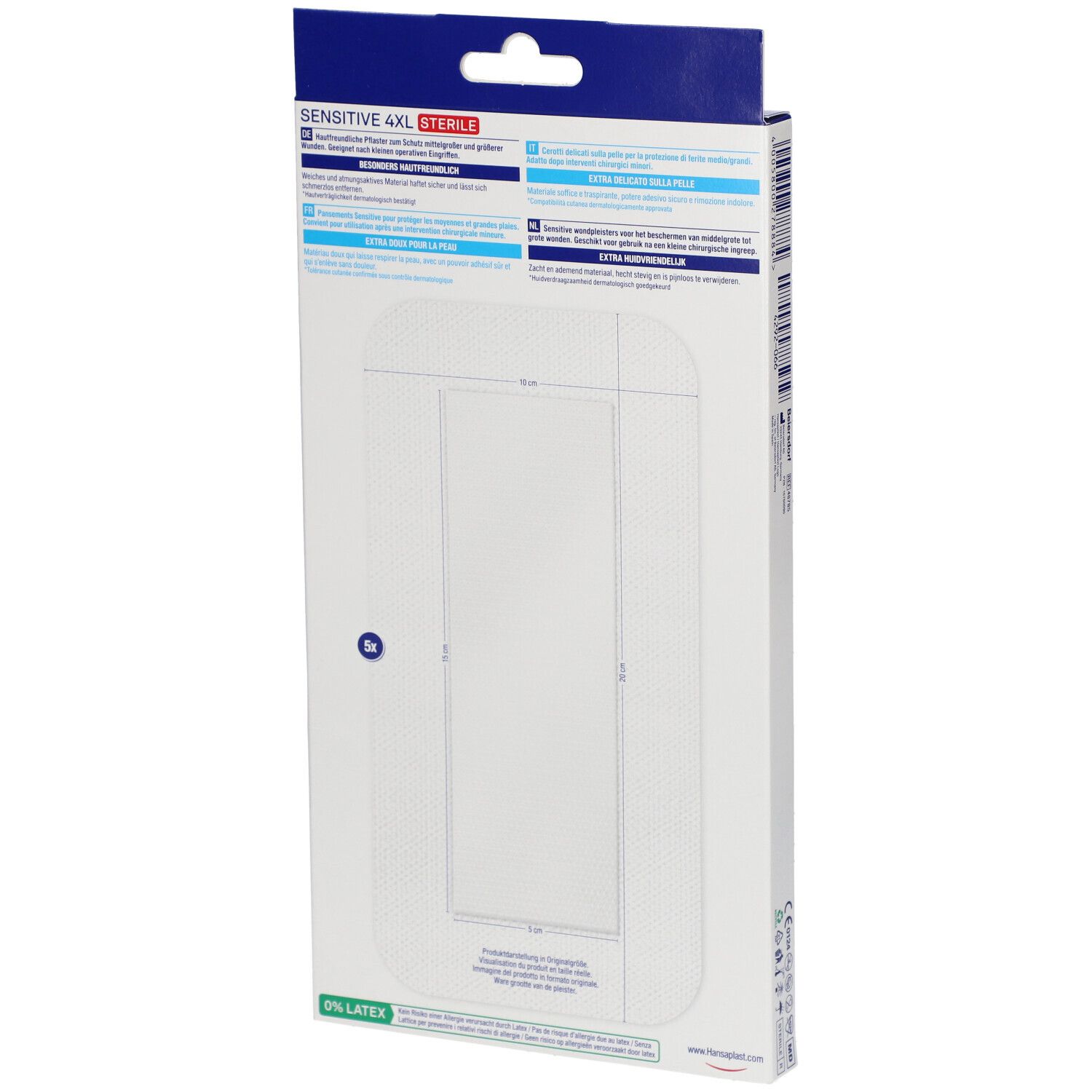 Achterkant van de Hansaplast Sensitive 4XL verpakking. Informatie en afbeeldingen over het product.