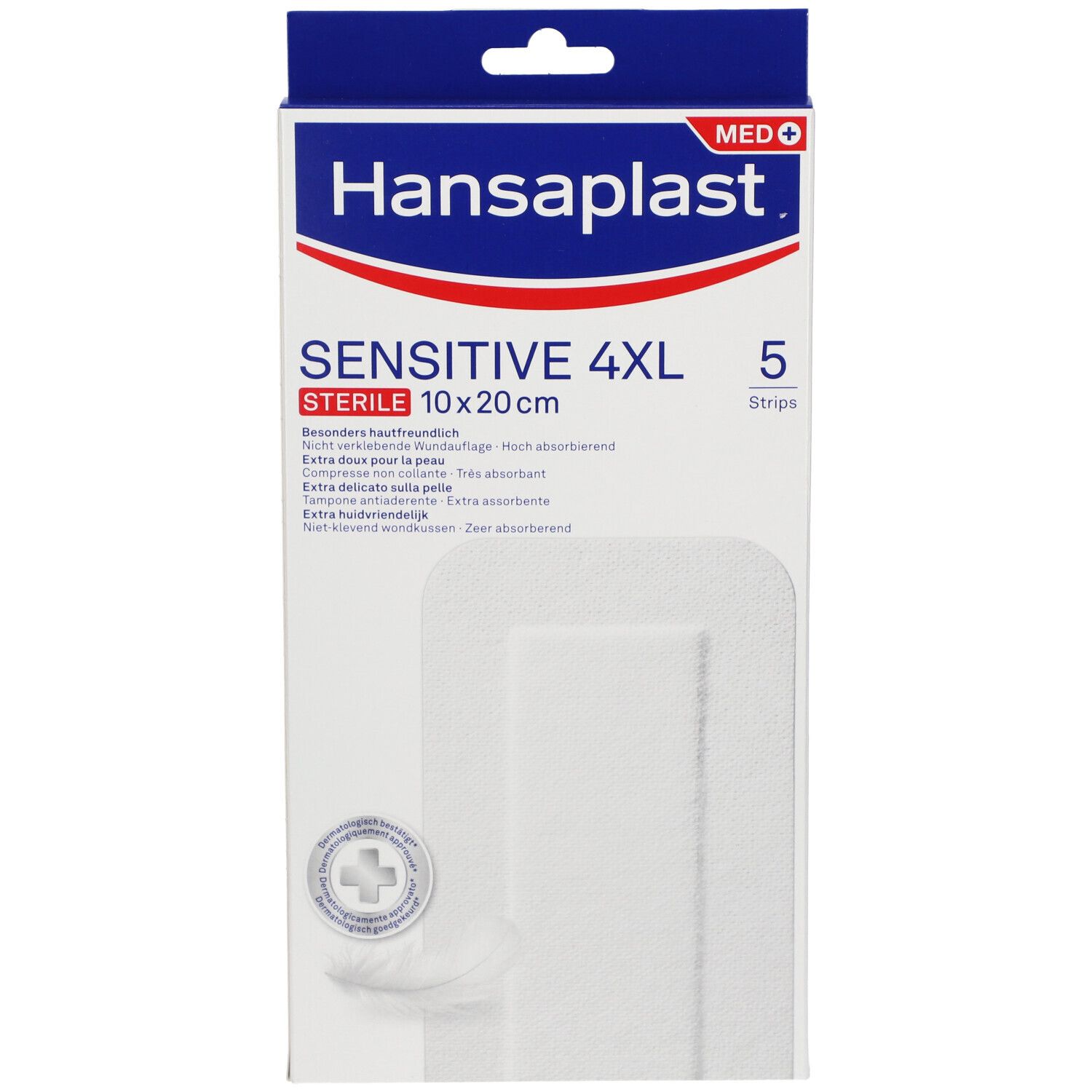 Verpakking van Hansaplast Sensitive 4XL steriel 10x20cm. Bevat 5 pleisters. Witte doos met productinfo.