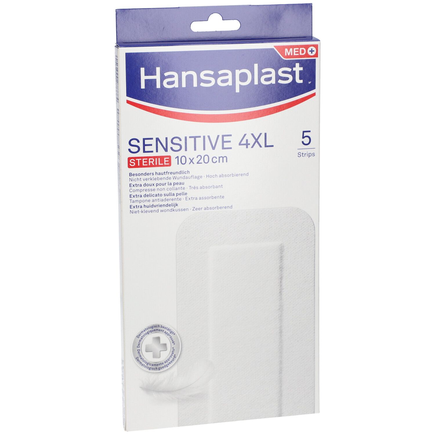 Verpakking van Hansaplast Sensitive 4XL steriel 10x20cm. Bevat 5 pleisters. Witte doos met productinfo.