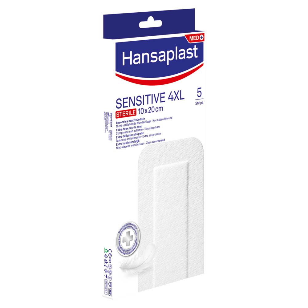 Verpakking van Hansaplast Sensitive 4XL steriel 10x20cm. Bevat 5 pleisters. Witte doos met productinfo.