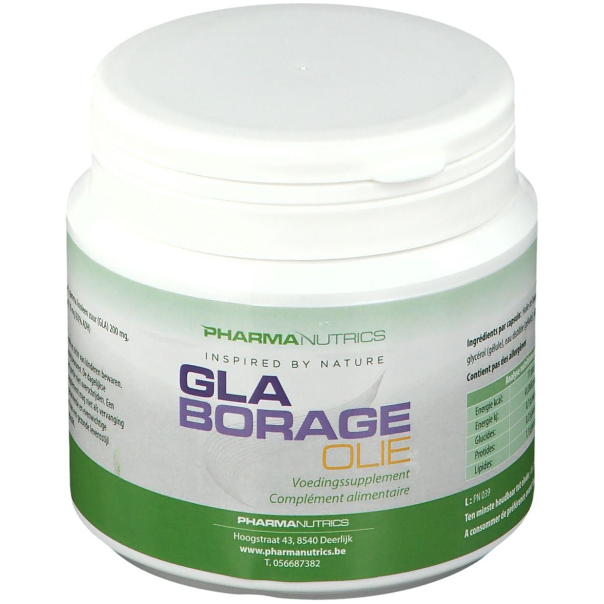 Witte plastic pot met groen etiket. Opschrift: GLA Borrage Olie, PharmaNutrics. Deksel bovenop.