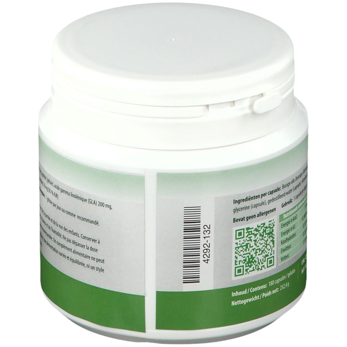Achterkant van de witte plastic pot. Groen etiket met QR-code en barcode. Tekst in meerdere talen.