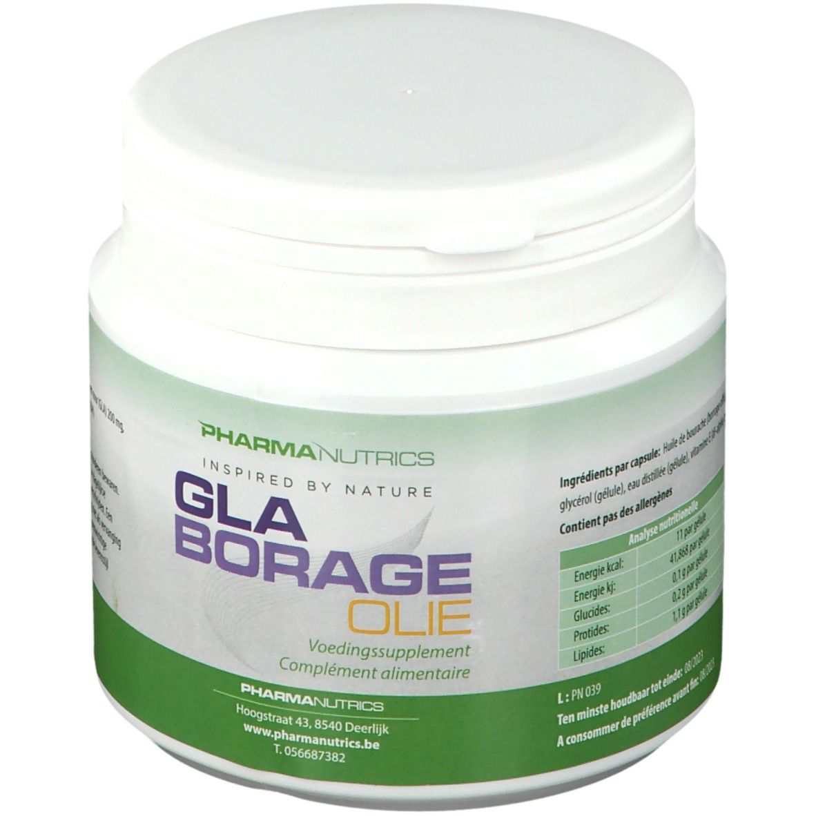 Witte plastic pot met groen etiket. Opschrift: GLA Borrage Olie, PharmaNutrics. Deksel bovenop.