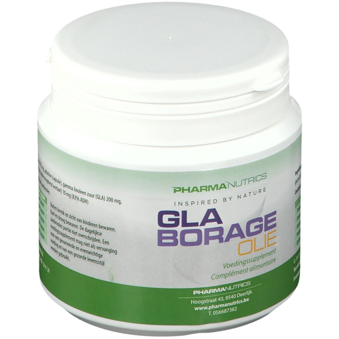 Witte plastic pot met groen etiket. Opschrift: GLA Borrage Olie, PharmaNutrics. Deksel bovenop.