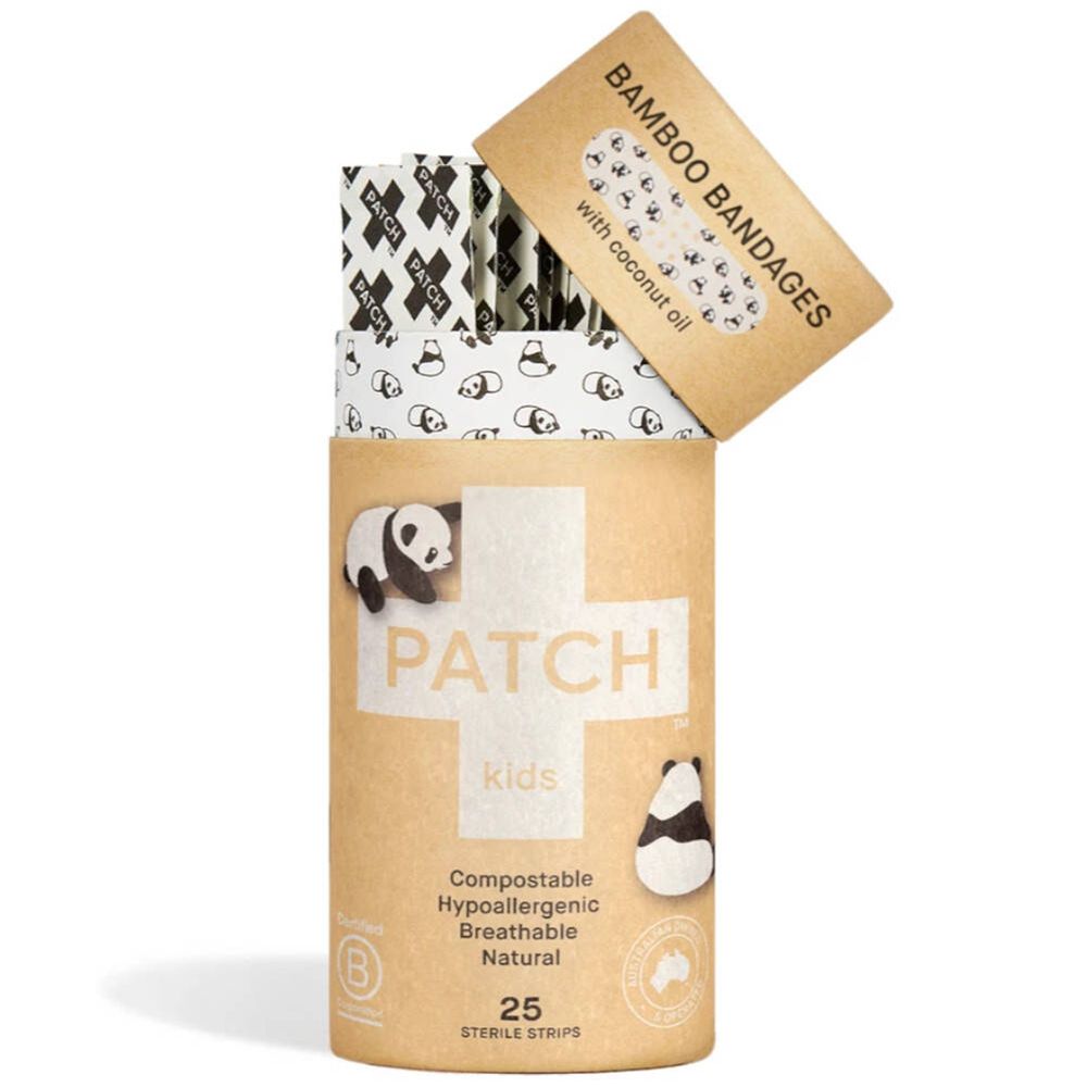 Cilindrische verpakking met panda en "PATCH Kids" logo. Bamboe pleisters met kokosolie. 25 steriele strips.