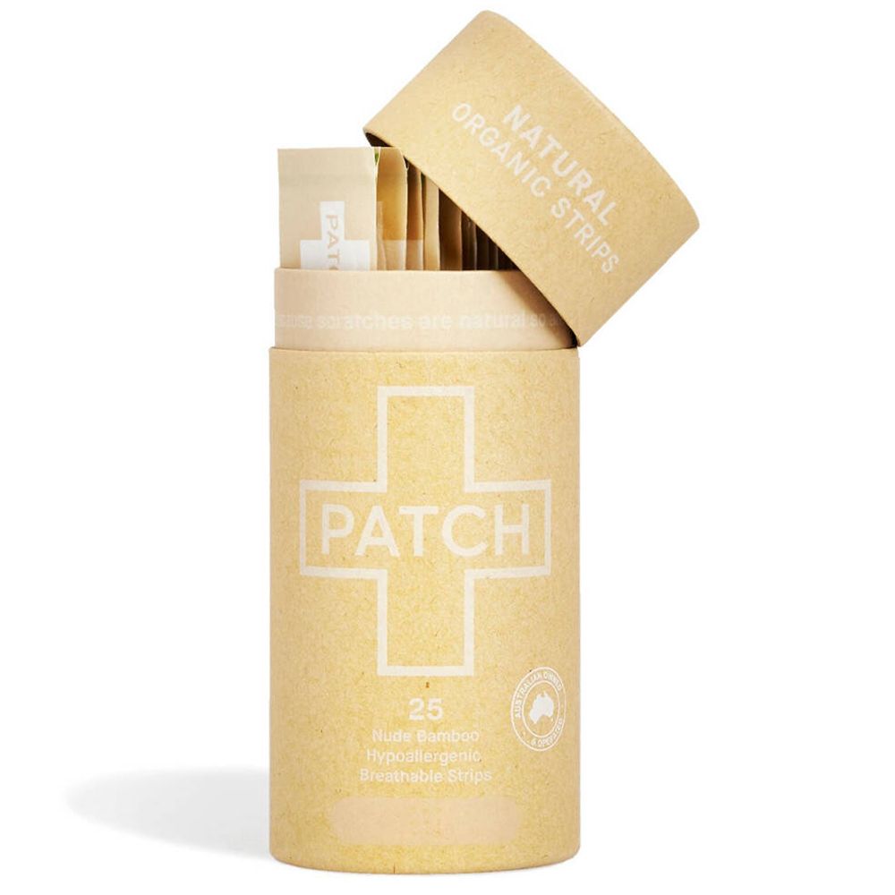 Cilindrische verpakking "PATCH" met 25 pleisters. Deksel met "NATURAL ORGANIC STRIPS".