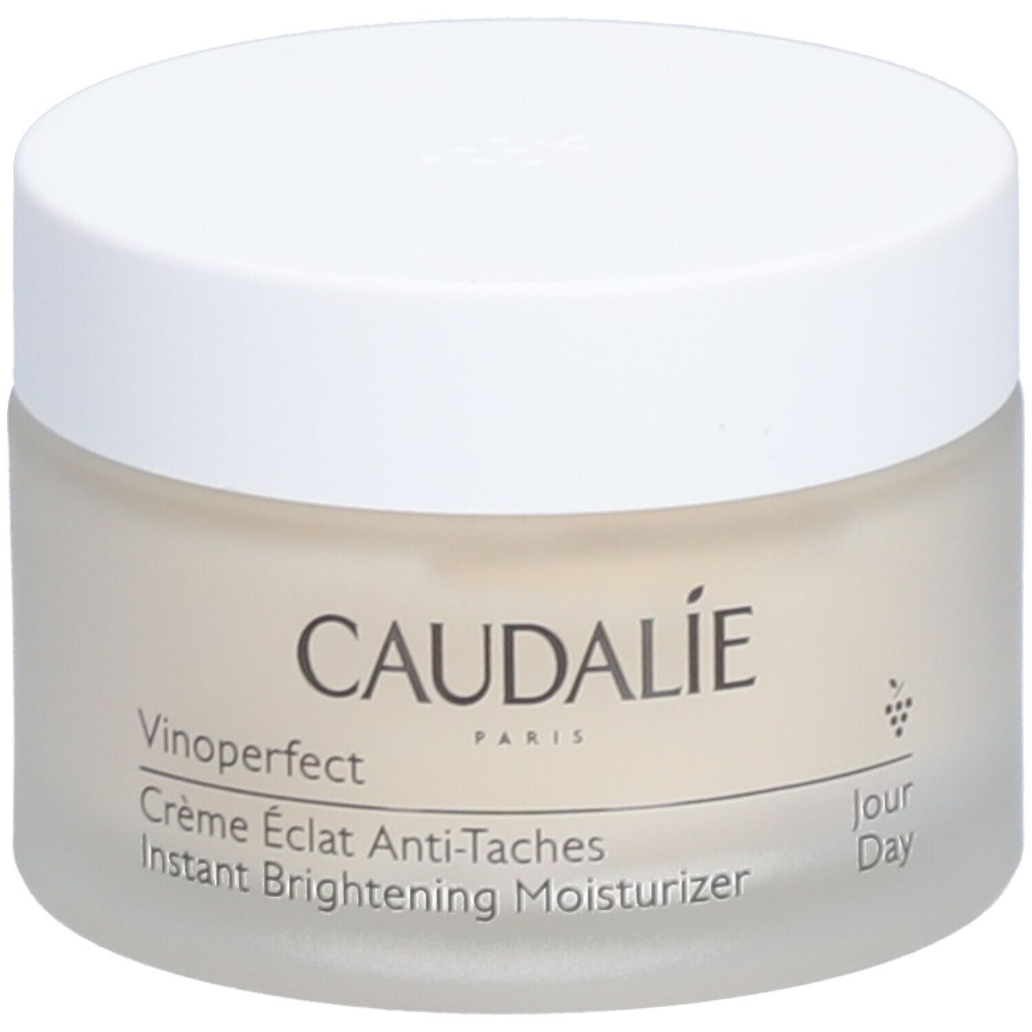 Crèmepot met witte deksel. Opschrift: Caudalie, Vinoperfect, Crème Éclat Anti-Taches, Instant Brightening Moisturizer.