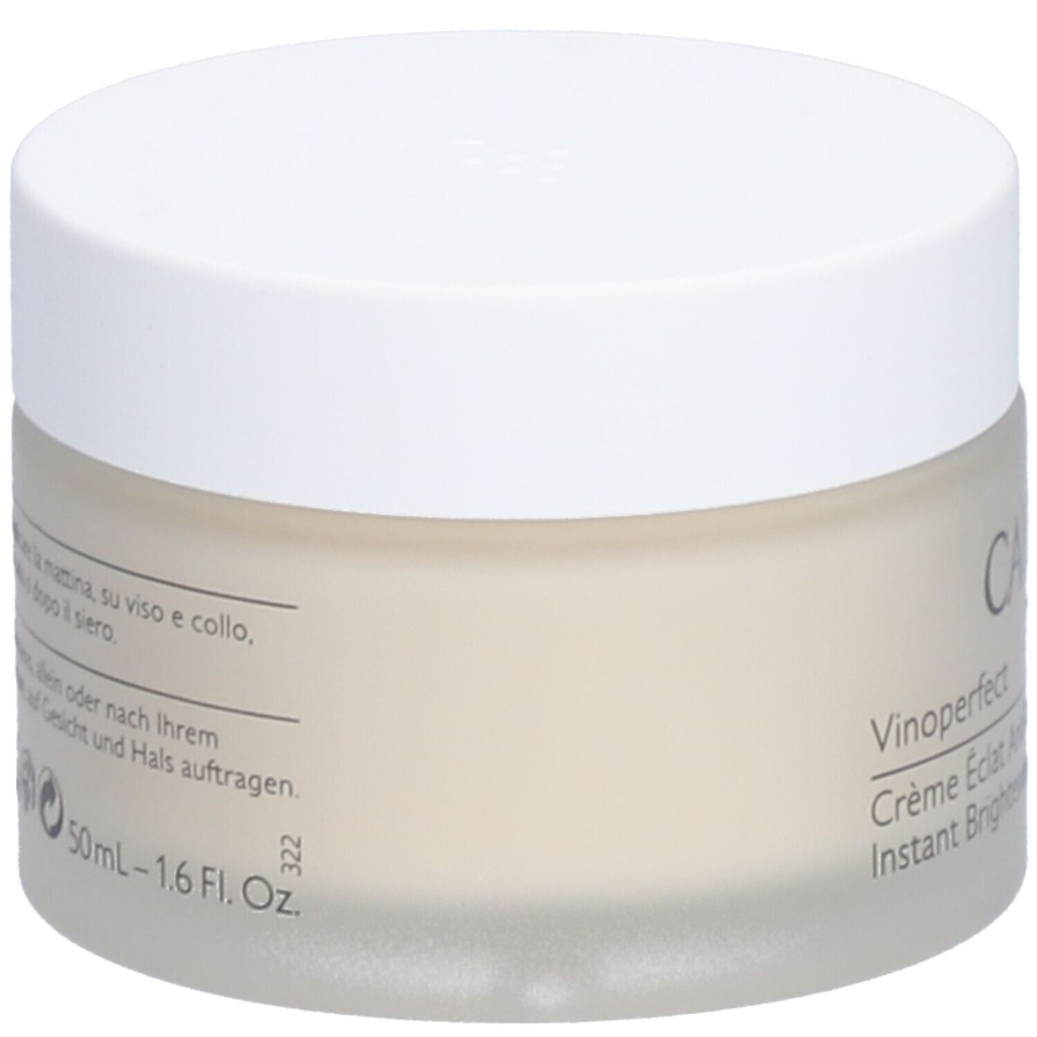 Crèmepot met witte deksel. Opschrift: Vinoperfect, Crème Éclat Anti-Taches, Instant Brightening Moisturizer. Tekst op de zijkant.