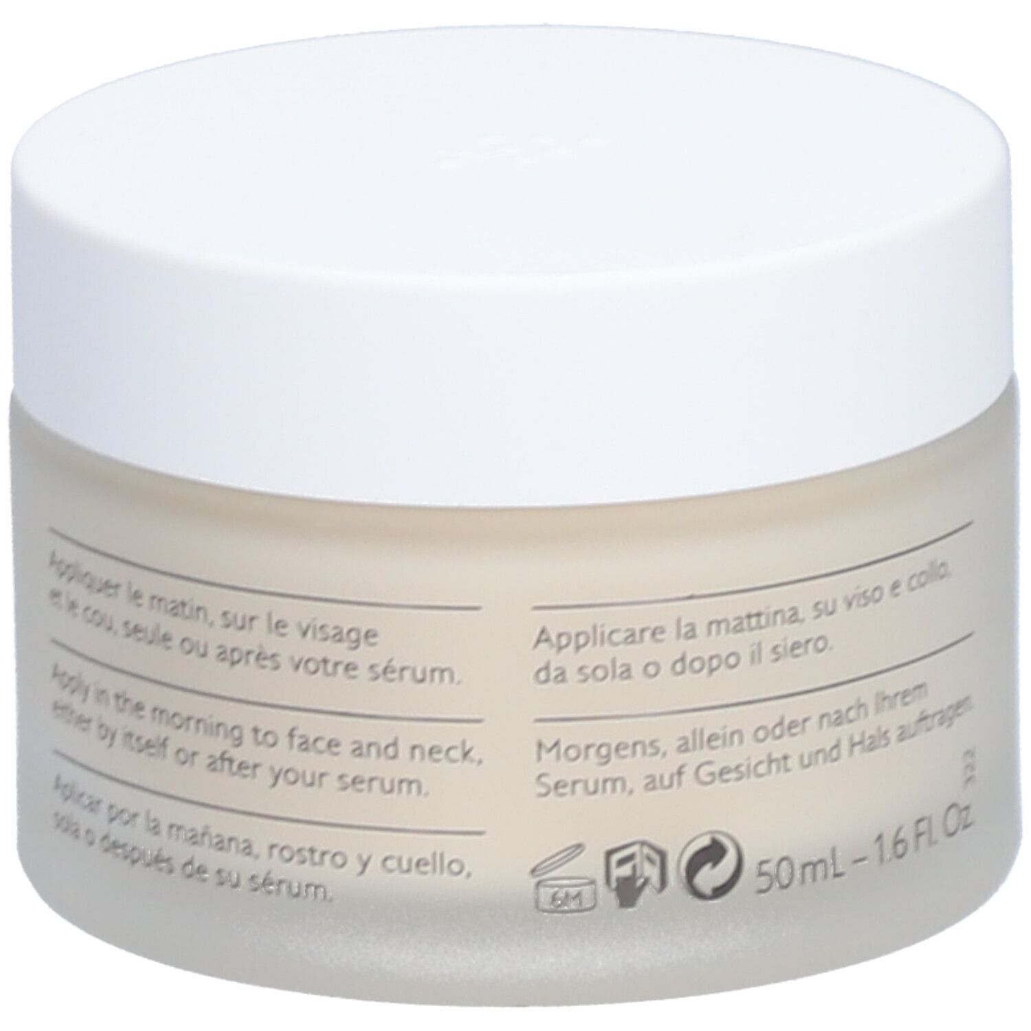 Crèmepot met witte deksel. Tekst op de zijkant: meertalige gebruiksaanwijzing, 50ml.