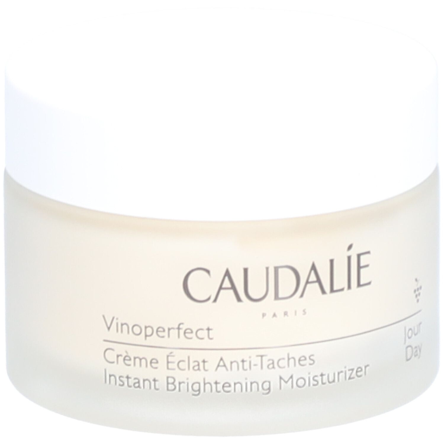 Crèmepot met witte deksel. Opschrift: Caudalie, Vinoperfect, Crème Éclat Anti-Taches, Instant Brightening Moisturizer.