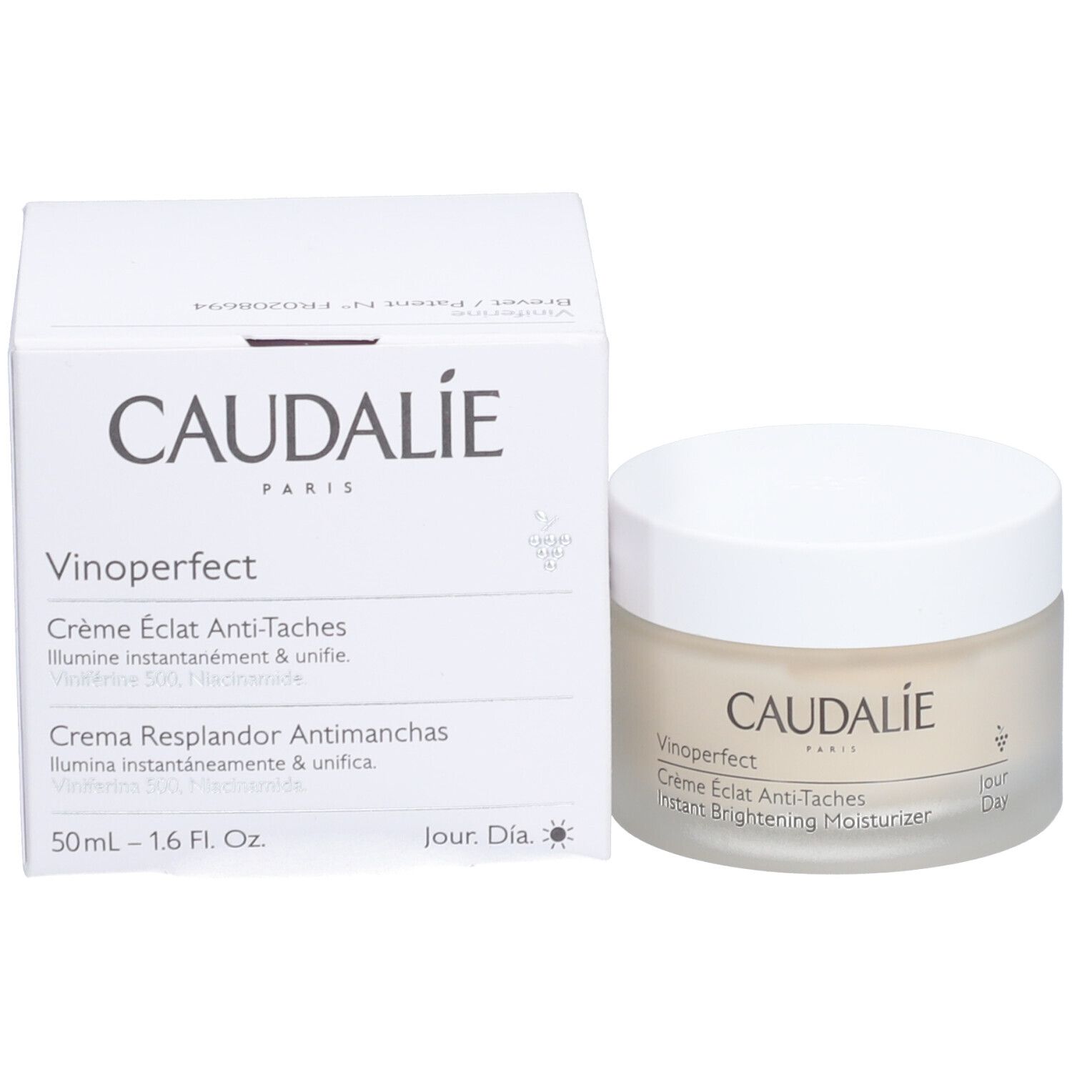 Crèmepot en doos. Opschrift: Caudalie, Vinoperfect, Crème Éclat Anti-Taches, Instant Brightening Moisturizer. 50ml.