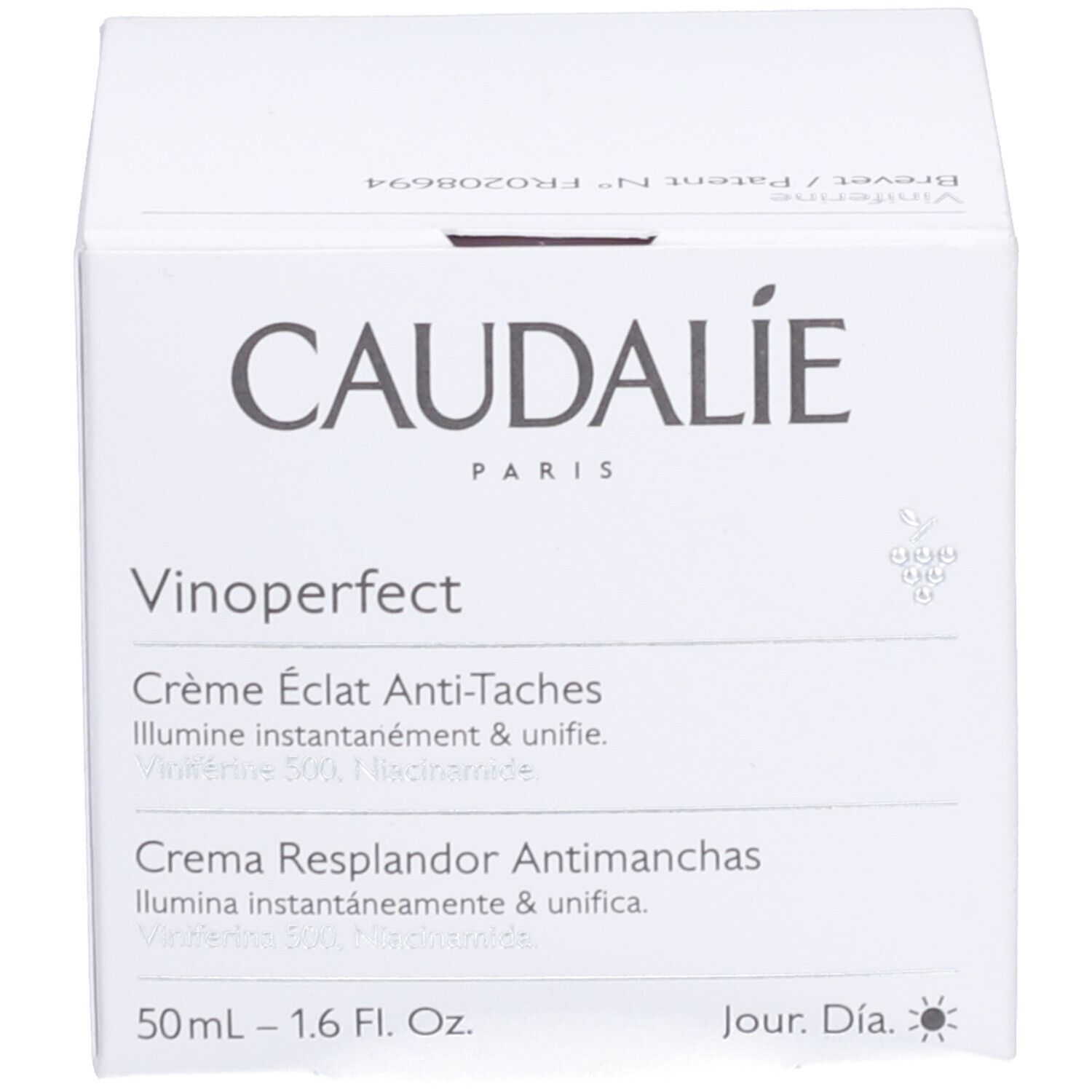 Witte doos. Opschrift: Caudalie, Vinoperfect, Crème Éclat Anti-Taches, Instant Brightening Moisturizer. 50ml.